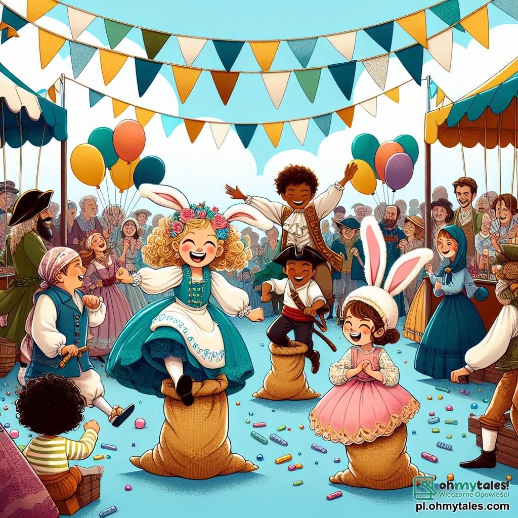 Une illustration sous forme de dessin destinée aux enfants représentant un marché coloré et animé lors d'un carnaval, avec des stands décorés de ballons et de guirlandes, au centre une fille de 9 ans aux cheveux bouclés et blonds, vêtue d'un costume de petit lapin blanc avec des oreilles roses, qui rit joyeusement en participant à une course dans des sacs avec ses deux amis : un garçon de 10 ans aux cheveux bruns, habillé en pirate, qui saute avec enthousiasme, et une fille de 9 ans aux cheveux châtains, portant une robe colorée, qui les encourage en souriant, le tout sous un ciel bleu parsemé de nuages blancs et entouré de familles qui profitent de la fête.
