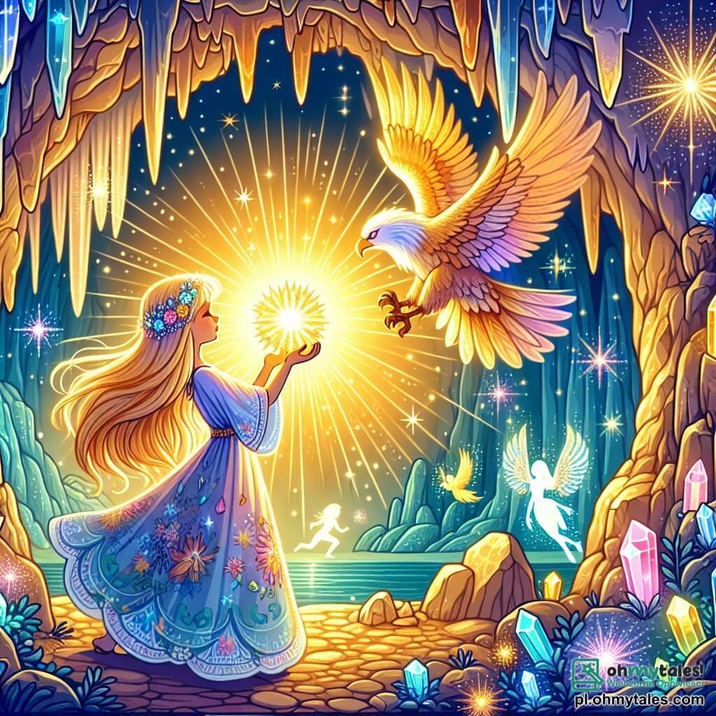 Ilustracja przedstawiająca rozległą jaskinię oświetloną błyszczącymi kryształami w intensywnych kolorach, gdzie ściany zdobią naturalne i magiczne wzory. W centrum sceny stoi młoda kobieta z długimi złotymi włosami, ubrana w kolorową i lekką suknię, z zachwytem trzymająca w dłoniach wspaniały Kryształ Słońca, który intensywnie świeci. Obok niej majestatyczny orzeł o złotych i srebrnych piórach unosi się w powietrzu, rozpościerając skrzydła, dodając magii atmosferze. W tle cienie małych fantastycznych stworzeń, takich jak wróżki z błyszczącymi skrzydłami, tańczą wokół niej, tworząc radosną i bajkową atmosferę. Główna sytuacja ukazuje młodą kobietę odkrywającą moc Kryształu Słońca, podczas gdy światło emitowane przez kryształ oświetla jej zachwyconą twarz, symbolizując nadzieję i magię, która ją otacza.