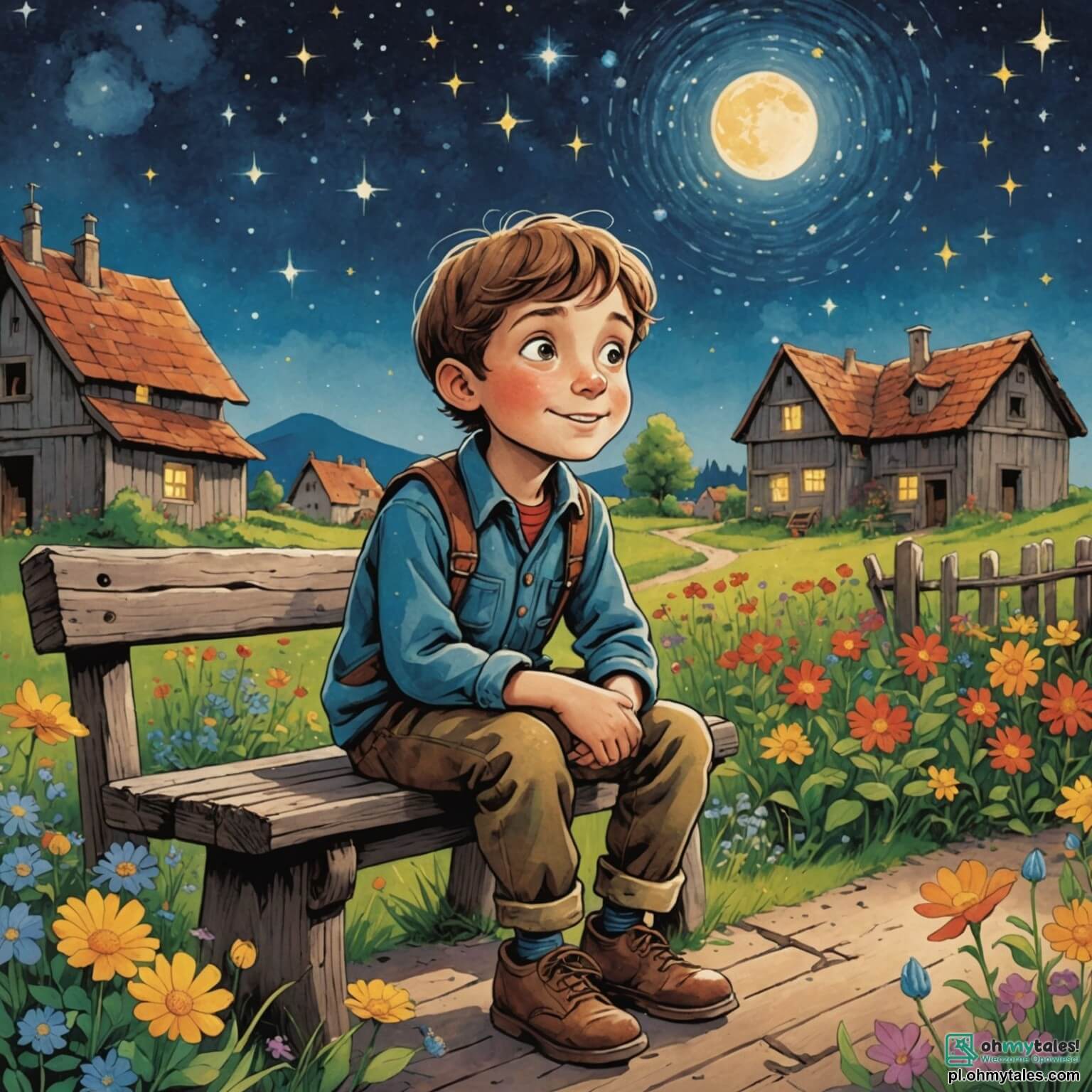 Une illustration destinée aux enfants représentant un jeune garçon aux yeux pétillants de curiosité, rêvant de conquérir les étoiles dans son petit village paisible, où chaque soir, il s'assoit sur un vieux banc en bois usé, entouré de fleurs colorées et d'un ciel étoilé scintillant, tandis que son père, un homme au sourire chaleureux et aux mains calleuses d'ingénieur, lui raconte des histoires fascinantes d'astronautes intrépides qui voyagent à travers l'immensité de l'univers, leur permettant de découvrir des planètes lointaines et de danser avec des comètes, tout en se promettant d'un jour réaliser son propre rêve de voler parmi les étoiles.