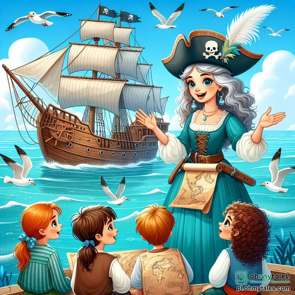 Une illustration sous forme de dessin destinée aux enfants représentant un vieux navire pirate, le "Błękitna Bryza", voguant sur des eaux turquoise sous un ciel ensoleillé, avec une femme pirate aux cheveux argentés tressés, portant un chapeau de pirate orné de plumes, debout sur le pont en train de raconter une histoire captivante à un groupe de jeunes pirates, dont un garçon aux yeux brillants et une fille aux cheveux bouclés, tous deux écoutant avec émerveillement, tandis que des mouettes volent au-dessus d'eux et que des cartes anciennes sont éparpillées autour, évoquant l'esprit d'aventure et de camaraderie.