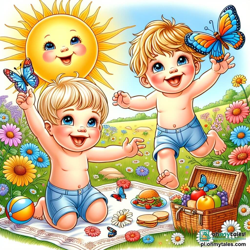 Une illustration sous forme de dessin destinée aux enfants représentant une belle łąkę ensoleillée avec des fleurs colorées, où un petit garçon de 1 an aux cheveux blonds et aux yeux pétillants, souriant joyeusement, court après un motyle coloré, tandis qu'un autre garçon de 2 ans aux cheveux bruns et aux joues roses, assis sur un koc, tient une piłkę et rit, le tout entouré d'un panier de pique-nique rempli de kanapki et de owoce, symbolisant un moment de bonheur et d'amitié pendant les vacances d'été.