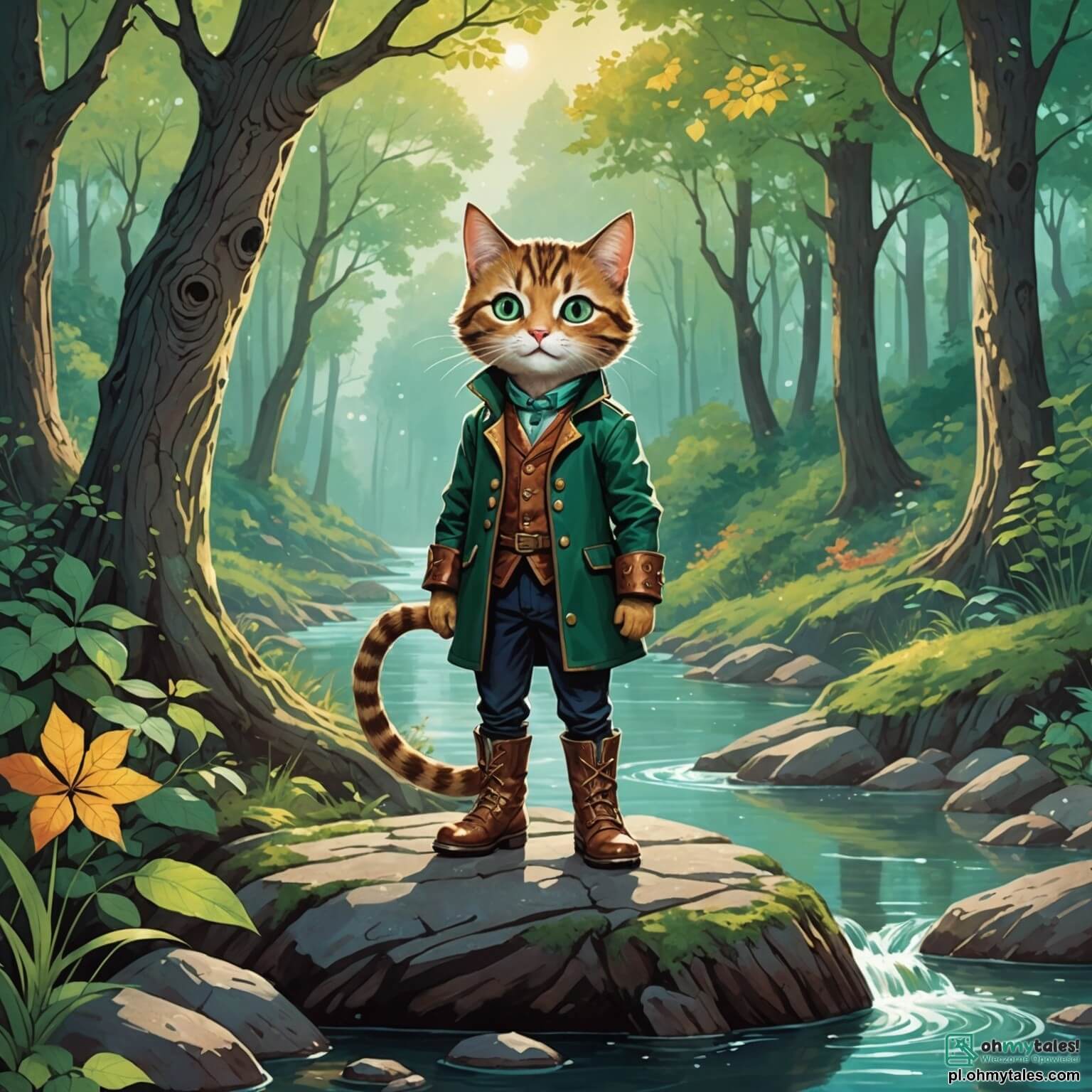 Une illustration destinée aux enfants représentant un chat élégant aux yeux pétillants comme des émeraudes, vêtu de bottes en cuir scintillantes, se tenant fièrement sur un rocher au bord d'une rivière étincelante qui serpente à travers une forêt enchantée où les arbres majestueux, aux troncs noueux et aux feuilles chatoyantes, murmurent des secrets au gré du vent, tandis qu'un jeune garçon au cœur vaillant, vêtu de vêtements simples mais colorés, rêve d'aventures extraordinaires, et une douce lapine aux grandes oreilles, symbole de l'innocence, observe la scène avec curiosité, tous trois plongés dans un monde où la magie et l'amitié s'entrelacent sous le ciel azur parsemé de nuages cotonneux.