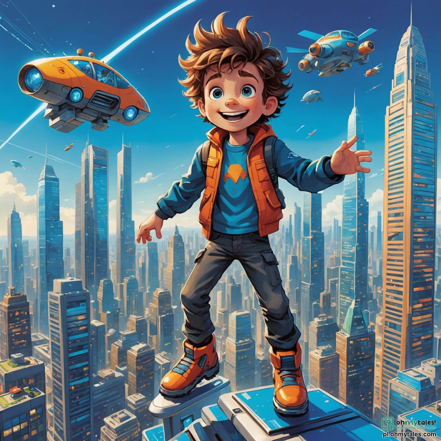 Une illustration destinée aux enfants représentant un garçon aux cheveux ébouriffés et aux yeux pétillants d'enthousiasme, se tenant au sommet d'un gratte-ciel scintillant de la ville futuriste de Lumiville, où des véhicules volants aux couleurs vives zèbrent le ciel azur, tandis qu'autour de lui, des robots amicaux aux formes arrondies et aux sourires lumineux l'aident à construire un incroyable engin volant, et où sa meilleure amie, une petite fille aux cheveux roses et aux lunettes en forme d'étoile, l'encourage avec des idées brillantes, le tout dans un décor de néons chatoyants et de jardins suspendus qui dansent au gré du vent.