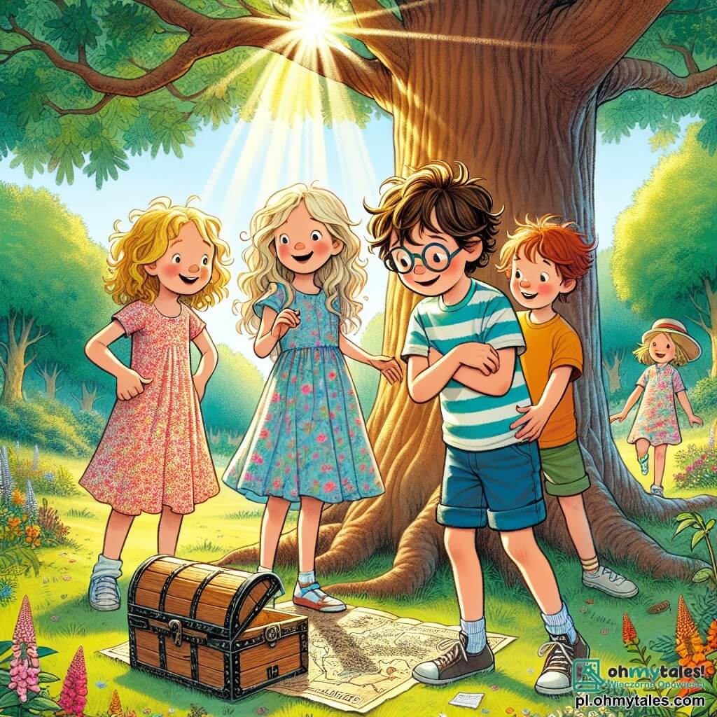Une illustration sous forme de dessin destinée aux enfants représentant un groupe de quatre enfants de 11 ans, deux filles aux cheveux bouclés et blonds, l'une portant une robe à fleurs et l'autre un t-shirt coloré, et deux garçons, l'un avec des lunettes et un chapeau de paille, l'autre avec des cheveux bruns en bataille, tous réunis autour d'une vieille carte au trésor dans une clairière ensoleillée du parc, entourés d'arbres majestueux et de fleurs sauvages, alors qu'ils découvrent une mystérieuse boîte en bois cachée sous un grand chêne, symbolisant leur esprit d'aventure et leur amitié.