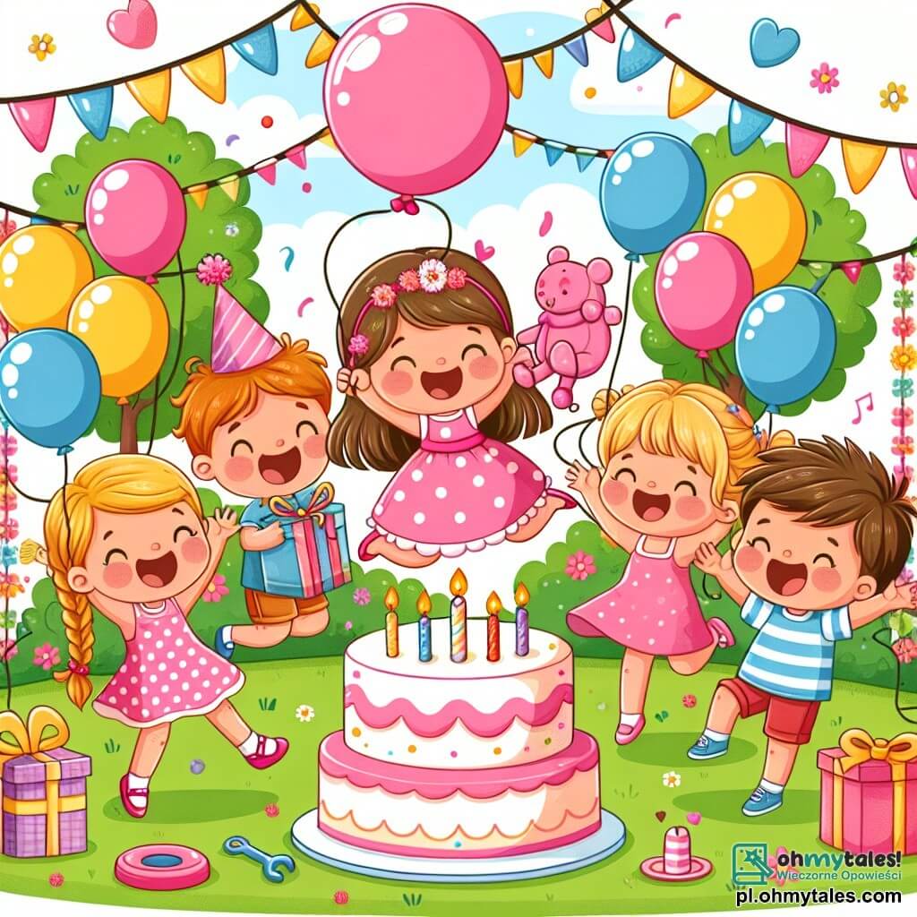 Une illustration sous forme de dessin destinée aux enfants représentant un jardin ensoleillé décoré de ballons colorés et de guirlandes, avec une petite fille de 4 ans aux cheveux bruns et bouclés, portant une robe rose à pois, sautant de joie en tenant une grande poupée rose, entourée de deux amis : une fille aux cheveux blonds tressés, souriante et tenant un paquet-cadeau, et un garçon aux cheveux châtains, riant tout en tenant un ballon en forme de cœur, alors qu'ils célèbrent ensemble un joyeux anniversaire avec un grand gâteau au chocolat décoré de bougies.