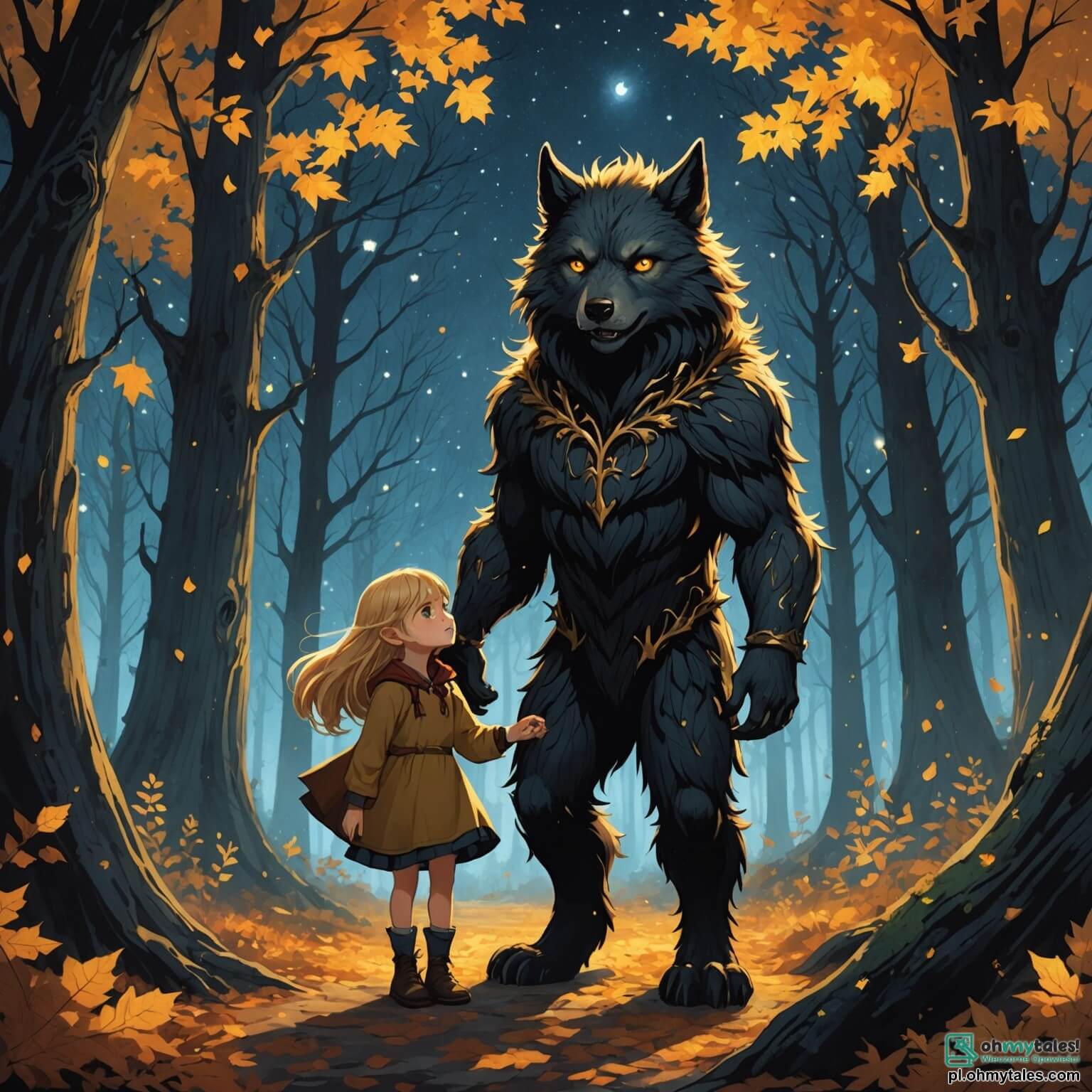 Une illustration destinée aux enfants représentant un loup-garou au pelage noir comme l'ébène, aux yeux flamboyants comme des braises ardentes, se tenant au cœur d'une forêt enchantée où les arbres majestueux, aux troncs noueux et aux feuilles scintillantes, s'élèvent vers un ciel étoilé, tandis qu'une petite fille courageuse, aux cheveux dorés et aux yeux pétillants de curiosité, s'approche timidement de cette créature mystérieuse, cherchant à comprendre pourquoi ce gardien des ombres, autrefois un enfant rêveur, se cache dans les profondeurs de cette nuit magique où les murmures des feuilles racontent des histoires oubliées.