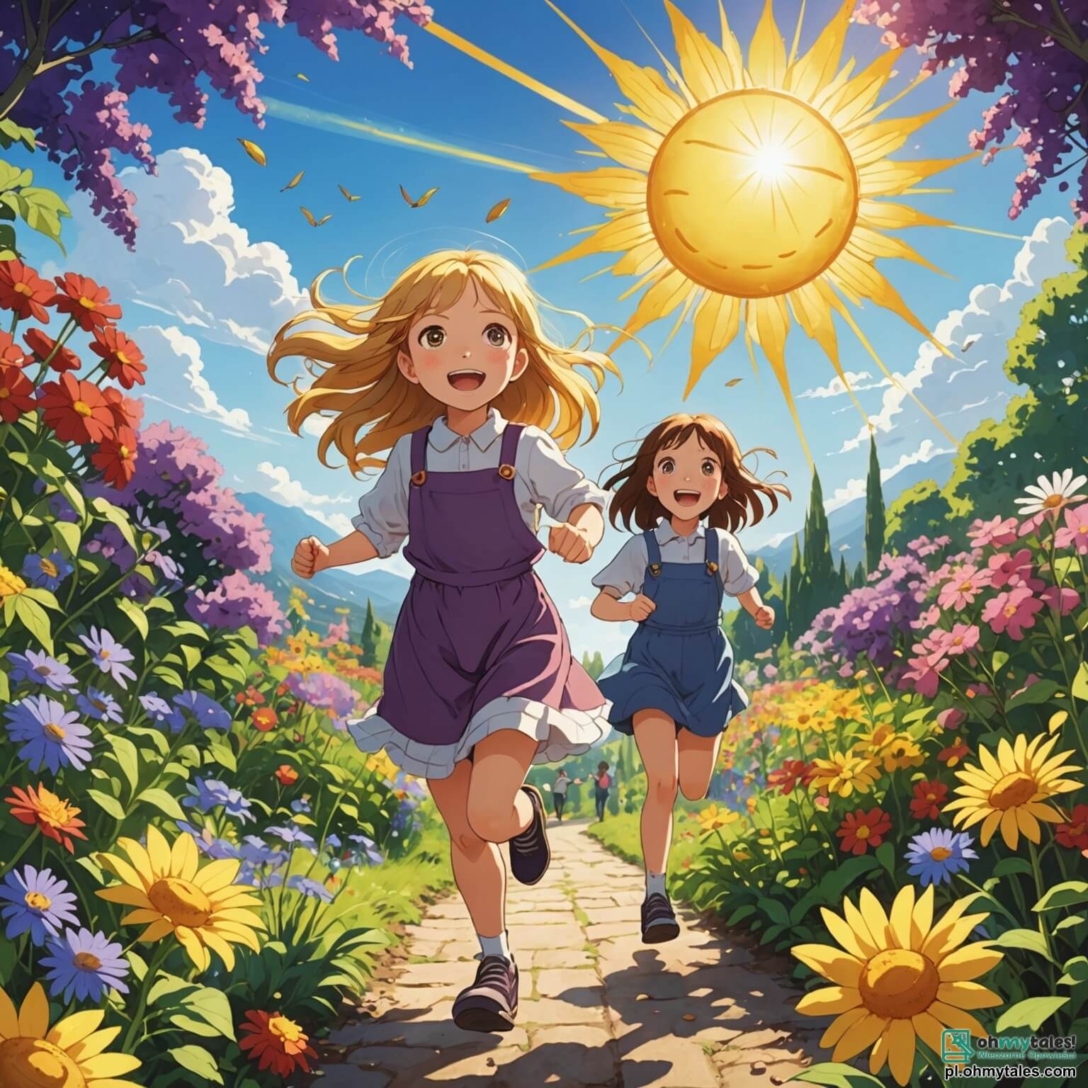 Une illustration destinée aux enfants représentant une petite fille aux cheveux dorés comme les rayons du soleil, pleine de joie et d'enthousiasme, courant à travers un jardin éclatant de couleurs vives, où des fleurs de toutes les nuances de violet, rouge et jaune s'épanouissent sous un ciel azur, tandis qu'elle est accompagnée de sa meilleure amie, une autre fille aux cheveux bruns et aux yeux pétillants, toutes deux décidées à planter des graines de fleurs et de légumes dans leur petit coin de paradis, où l'odeur de l'herbe fraîchement coupée et le chant des oiseaux créent une mélodie douce et envoûtante, promettant une belle aventure printanière.