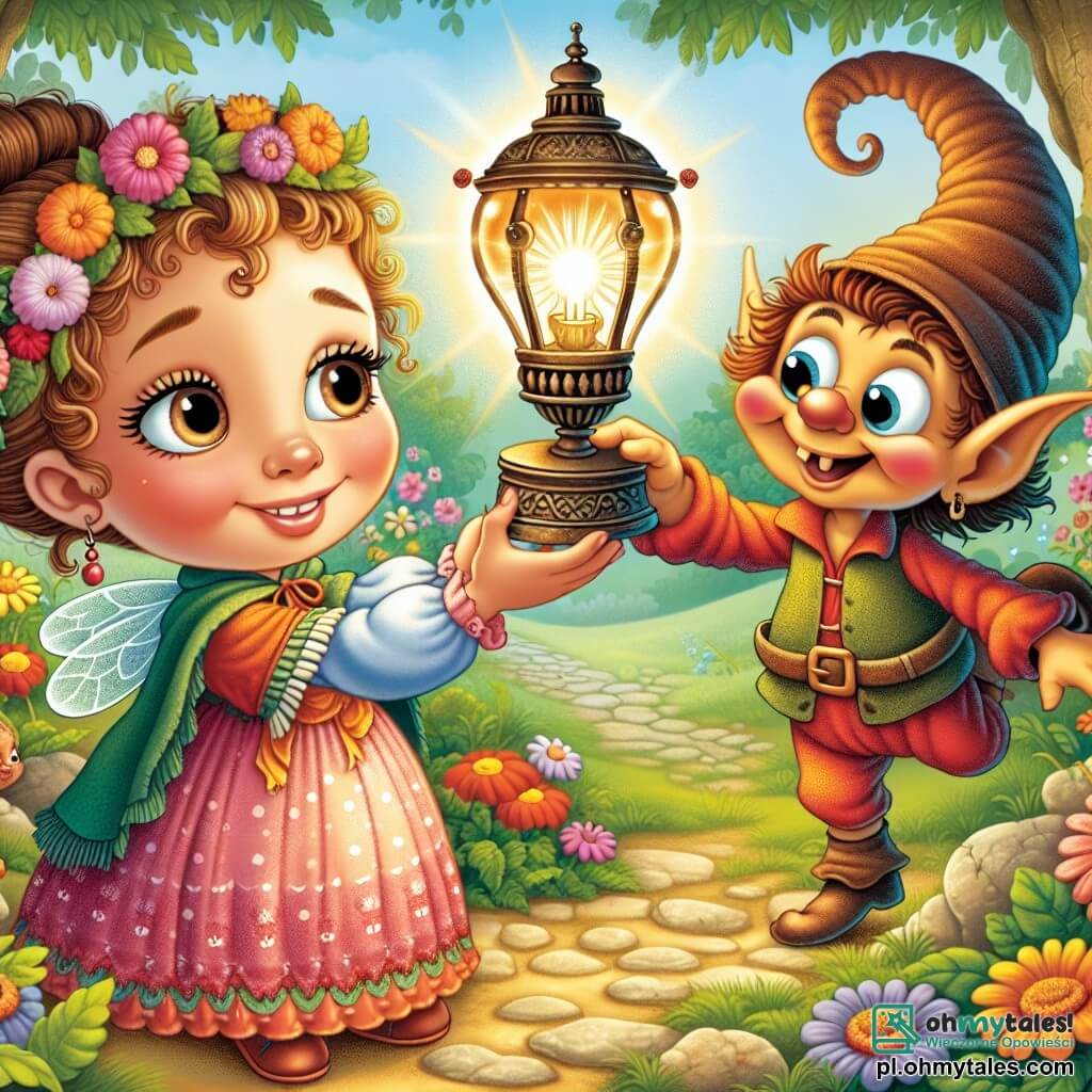 Une illustration sous forme de dessin destinée aux enfants représentant une clairière ensoleillée dans une forêt enchantée, où une fille de 9 ans aux cheveux bouclés et aux yeux pétillants, vêtue d'une robe colorée, tient une lampe ancienne qui émet une lueur magique, tandis qu'un petit duszek espiègle, avec un chapeau pointu et un sourire malicieux, flotte à ses côtés, tous deux entourés de fleurs éclatantes et d'animaux curieux, capturant le moment où la fille découvre le pouvoir de la lampe magique qui pourrait transformer sa paisible village en un lieu plein d'énergie et de rires.