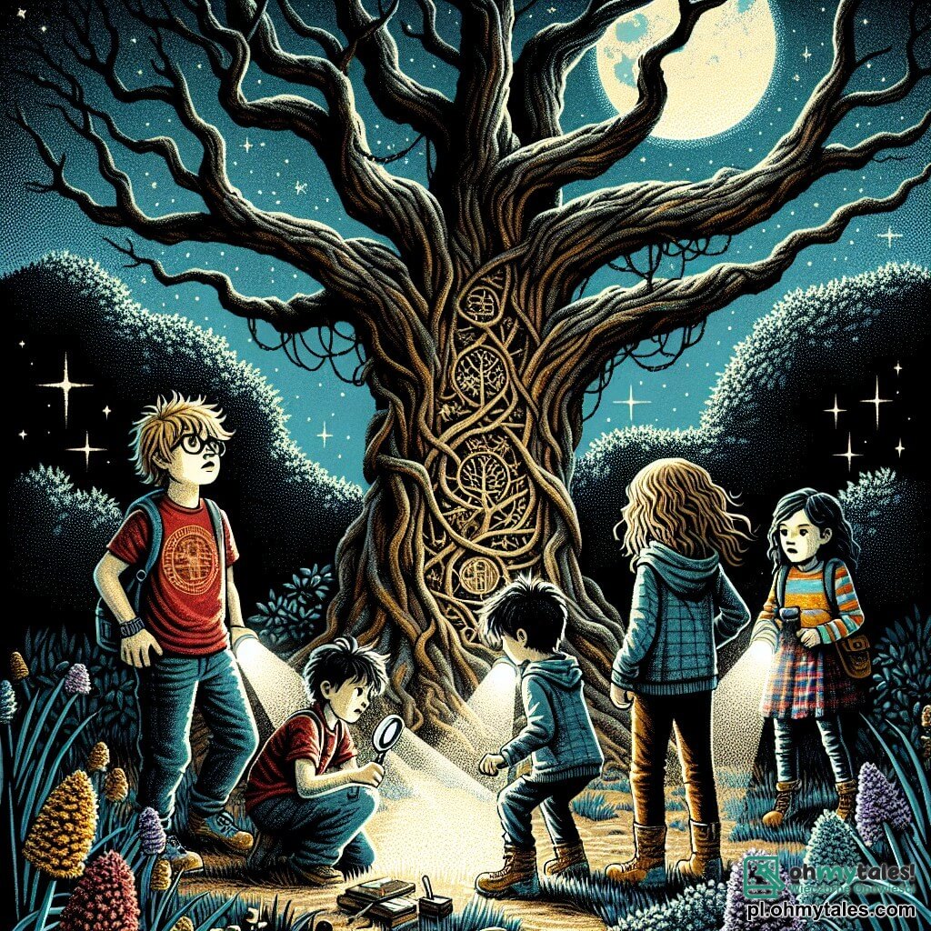Ilustracja przedstawiająca magiczną scenę w nocnym parku, oświetlonym srebrnym blaskiem księżyca. W centrum, stary majestatyczny dąb, którego skręcone gałęzie rozciągają się jak ochronne ramiona, otoczony ciemnymi krzewami i nocnymi kwiatami, które delikatnie świecą. Czterech młodych śledczych stoi przed drzewem: dwóch chłopców w wieku około 10 lat, jeden z brązowymi, rozwianymi włosami i okularami, w czerwonym t-shircie i niebieskich szortach, drugi z blond włosami i figlarnym uśmiechem, w koszuli w kratę. Obok nich dziewczynka w wieku 9 lat z długimi, kręconymi włosami, w kolorowej sukience, trzymająca lornetkę, uważnie obserwuje. Ostatni chłopiec, nieco wyższy, ma czarne włosy i nosi szary kaptur, trzyma latarkę, która oświetla ziemię. Scena uchwyca ich moment odkrycia, gdy badają tajemnicze symbole wyryte na pniu drzewa, ich twarze oświetlone ciekawością i ekscytacją. Lśniące gwiazdy rozsiane są po niebie, a lekka mgła dodaje atmosferze tajemniczości. W tle cienie sugerują sylwetki nocnych zwierząt, wzmacniając wrażenie przygody pełnej niespodzianek.