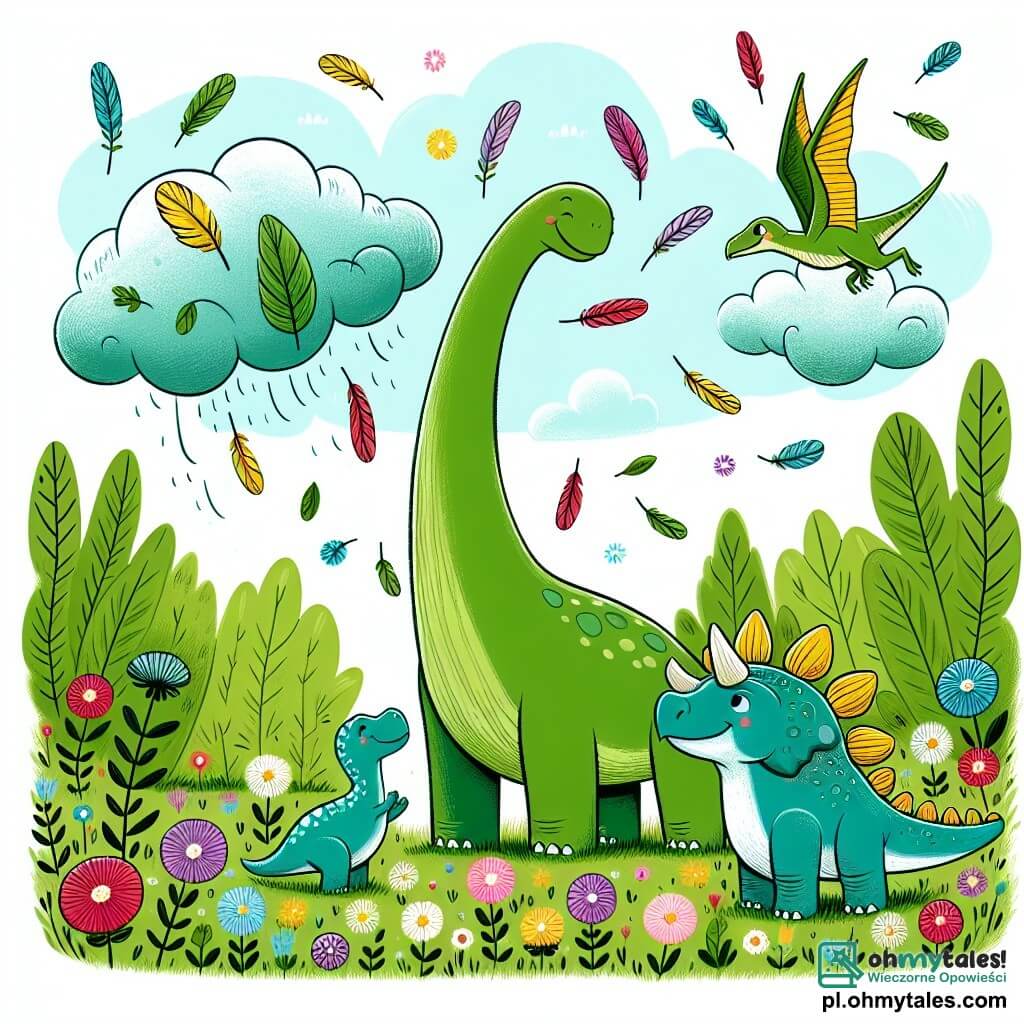 Une illustration sous forme de dessin destinée aux enfants représentant une vaste et verdoyante prairie parsemée de fleurs colorées, où un grand diplodocus à la longue cou et à la peau verte se tient joyeusement, levant sa tête vers le ciel, tandis que deux petits dinosaures, un triceratops aux trois cornes et un pterozaure aux ailes jaunes et bleues, l'observent avec émerveillement, tous ensemble en train de créer une grande nuage coloré en utilisant des plumes et des feuilles, symbolisant l'amitié et la créativité dans un monde préhistorique enchanteur.