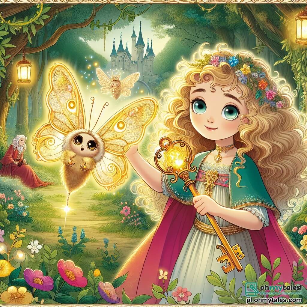 Une illustration sous forme de dessin destinée aux enfants représentant une clairière enchantée au cœur d'une forêt magique, où une fille de 11 ans aux cheveux bouclés et dorés, vêtue d'une robe colorée, tient un ancien et brillant clé dans sa main, tandis qu'un petit motyle lumineux avec des ailes dorées et des yeux malicieux flotte autour d'elle, alors qu'ils se préparent à affronter une sorcière maléfique qui a volé un précieux cristal, avec des fleurs éclatantes et des arbres majestueux en arrière-plan, créant une atmosphère à la fois mystérieuse et pleine d'espoir.