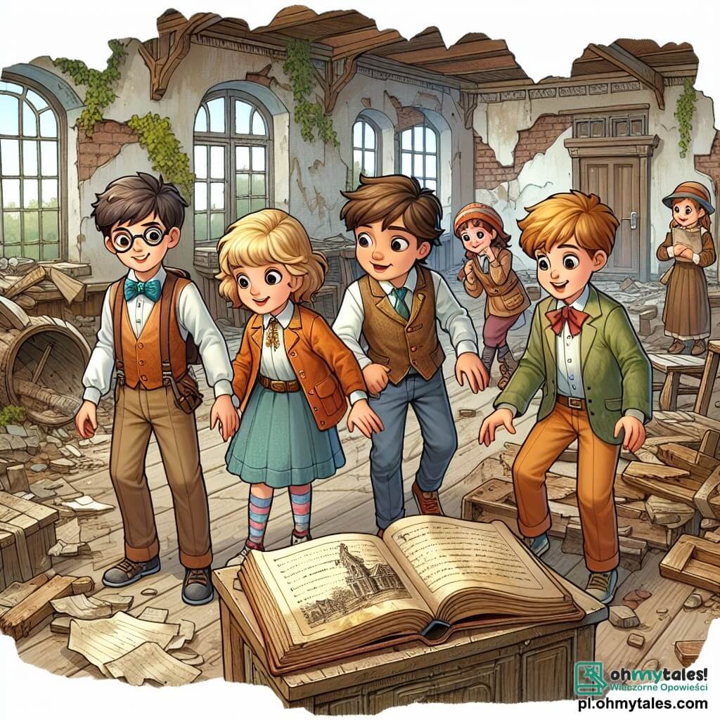 Une illustration sous forme de dessin destinée aux enfants représentant une vieille école abandonnée, avec des murs décrépits et des fenêtres brisées, où un groupe de quatre enfants de 11 ans, deux garçons aux cheveux châtains et une fille aux cheveux blonds, tous vêtus de vêtements colorés et d'un air d'excitation sur le visage, explorent une salle de classe poussiéreuse, tandis qu'un autre garçon aux lunettes, debout à côté d'eux, tient un vieux livre ouvert, révélant des histoires d'aventures passées, alors qu'ils découvrent un ancien trésor caché sous une vieille table.