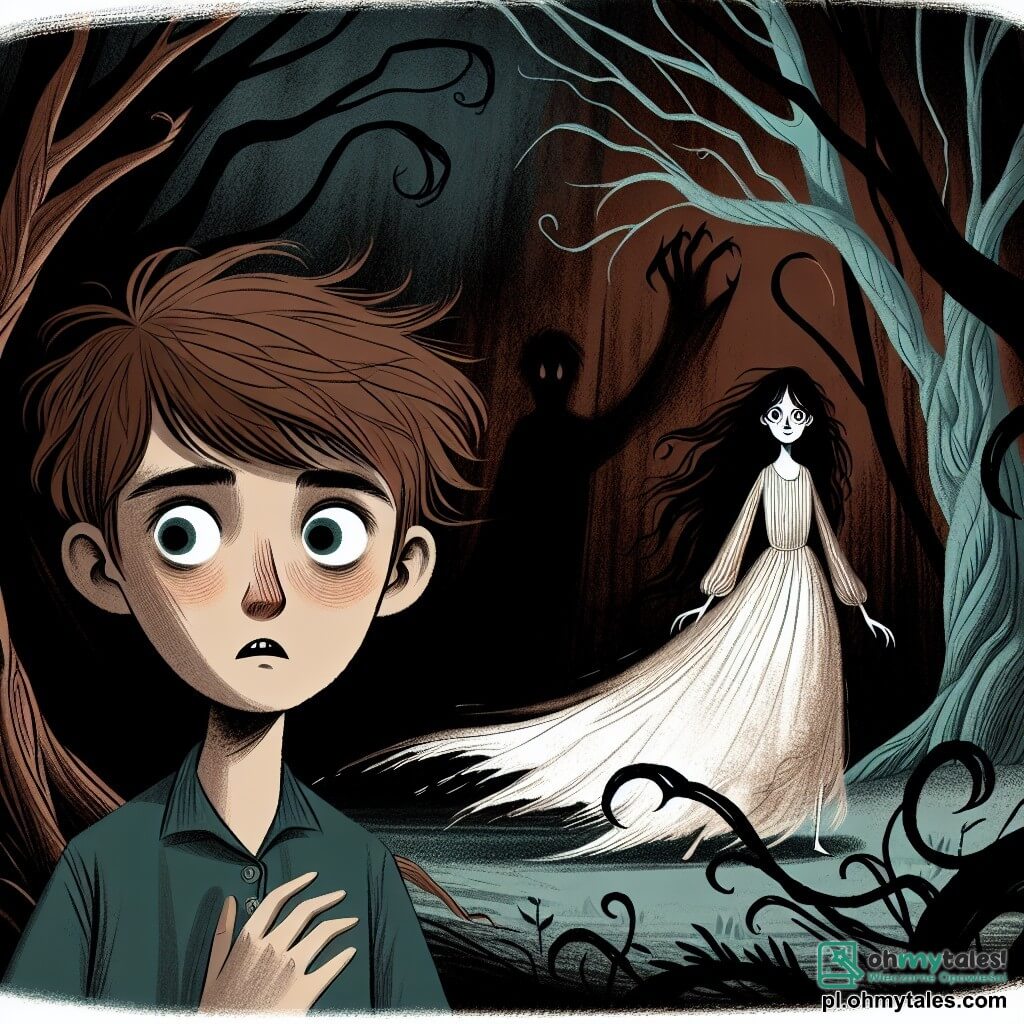 Une illustration destinée aux enfants représentant un garçon aux yeux écarquillés, dont les cheveux en bataille et le visage pâle trahissent sa peur, se tenant au bord d'une forêt sombre et lugubre, où des arbres tordus aux branches griffues semblent murmurer des secrets terrifiants, tandis qu'une silhouette mystérieuse, une fille à la robe blanche flottante et au sourire énigmatique, l'observe depuis l'ombre, l'invitant à s'aventurer dans un monde où les ombres dansent et les échos du passé résonnent.