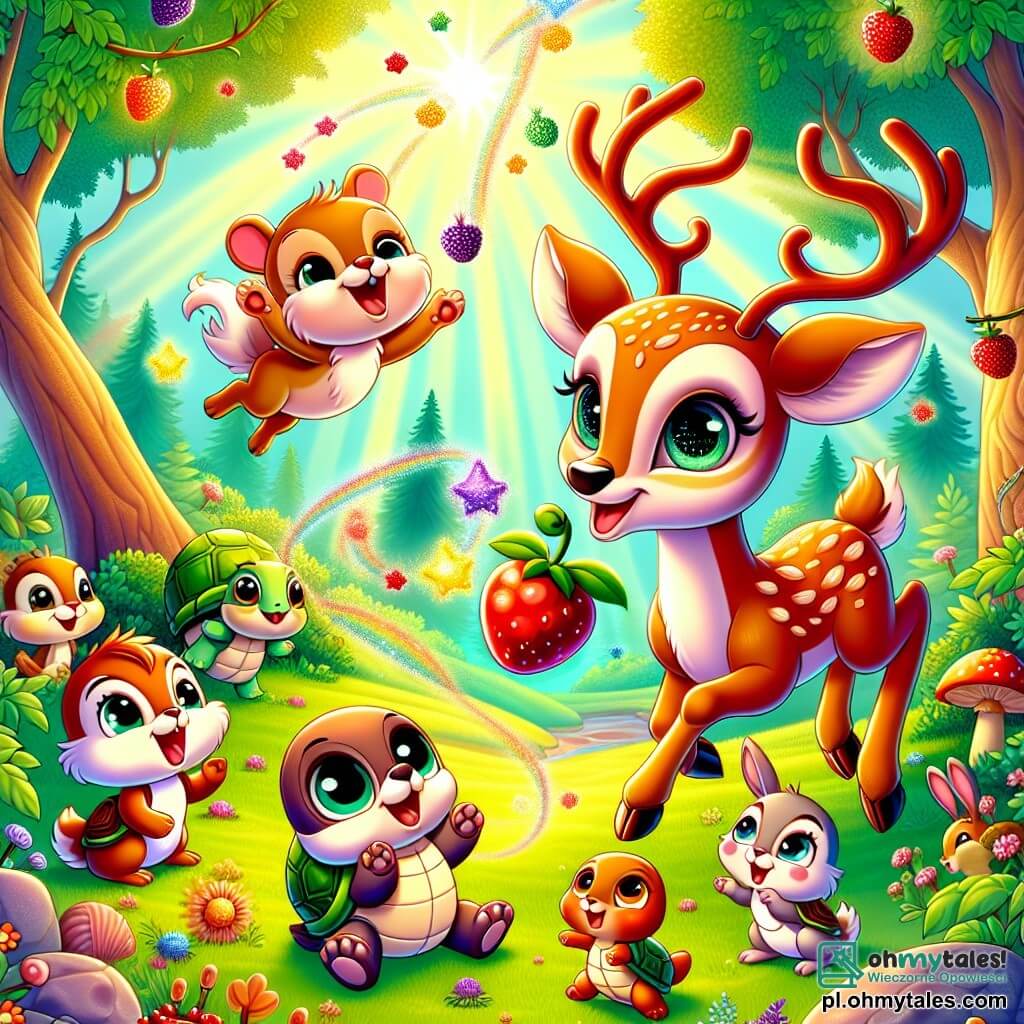 Une illustration sous forme de dessin destinée aux enfants représentant une magnifique clairière ensoleillée dans une forêt enchantée, où un renne aux grands yeux pétillants et aux magnifiques bois en spirale s'élance joyeusement dans les airs, entouré d'une joyeuse petite écureuil aux poils roux qui applaudit et d'un groupe d'animaux curieux, comme un lapin aux grandes oreilles et une tortue au sourire amical, tous émerveillés par la magie d'une baie colorée flottant autour d'eux, symbolisant l'amitié et l'aventure.
