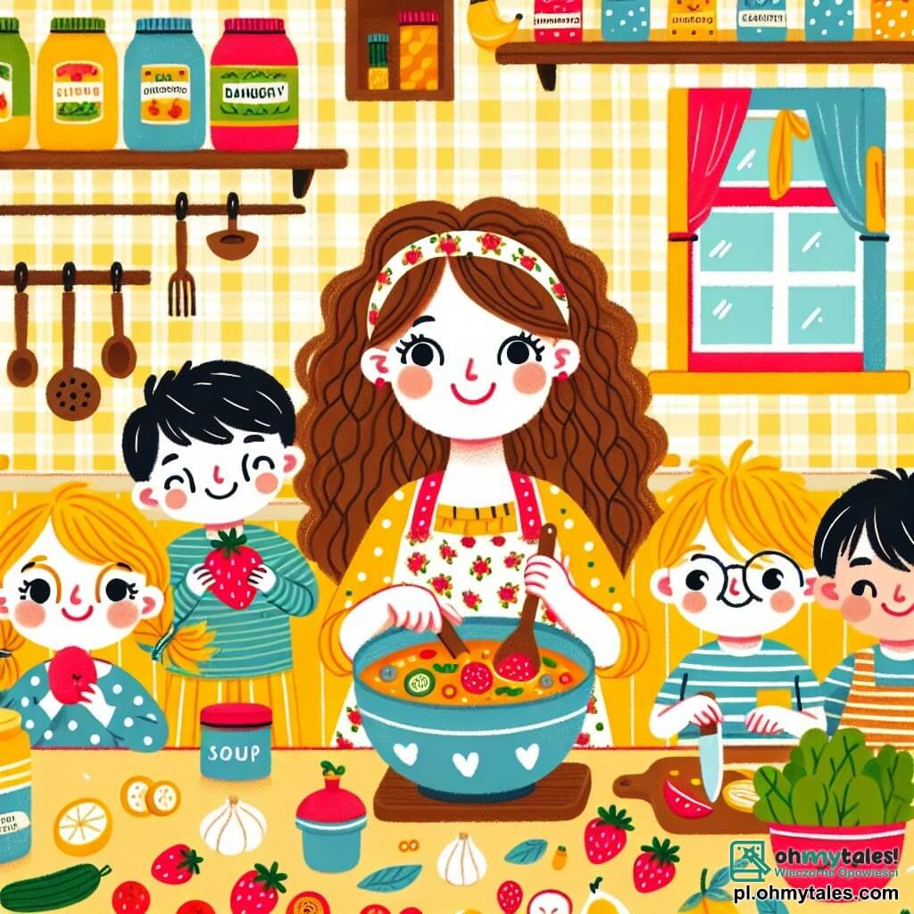 Une illustration sous forme de dessin destinée aux enfants représentant une cuisine colorée et chaleureuse, avec des murs peints en jaune et des étagères remplies de pots d'épices, où une femme joyeuse aux cheveux bouclés et au tablier à fleurs prépare une zuppe fruitée, entourée de trois enfants : une fille aux cheveux longs et bruns qui tient une fraise, un garçon aux lunettes et aux cheveux blonds qui coupe un banane, et un autre garçon aux cheveux noirs qui mélange les ingrédients dans un grand bol, tous souriants et enthousiastes, illustrant le plaisir de cuisiner ensemble.