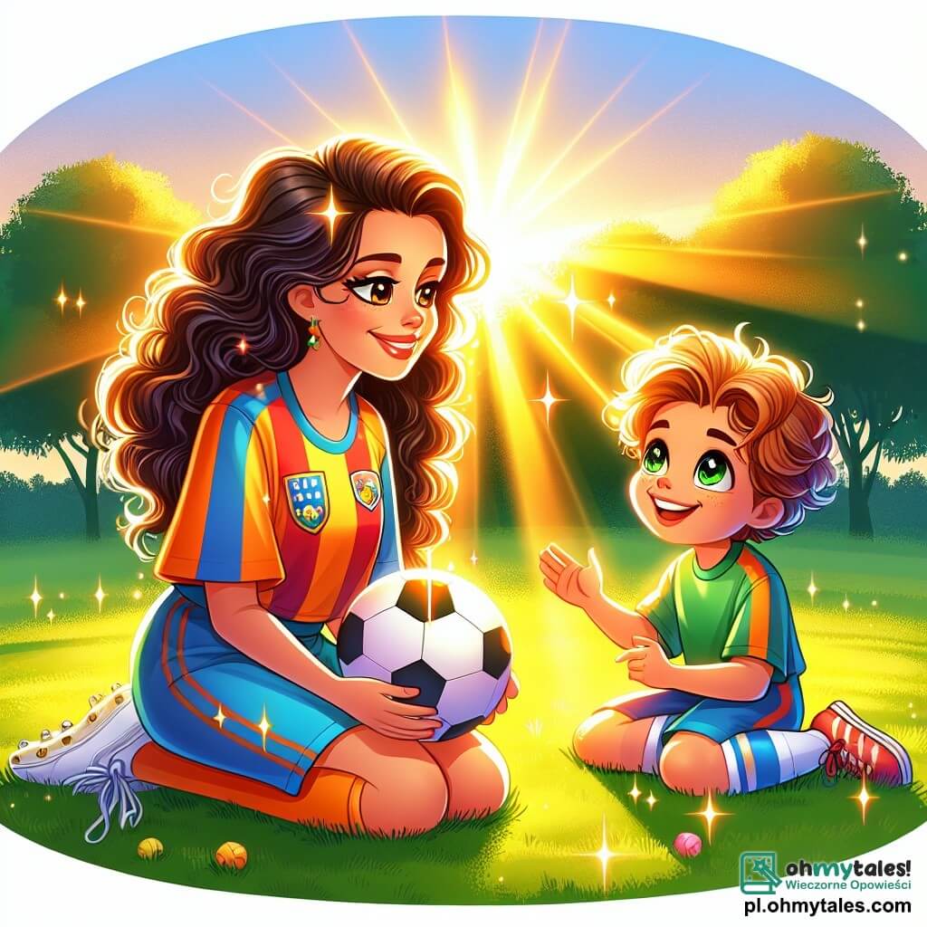 Une illustration sous forme de dessin destinée aux enfants représentant un parc verdoyant baigné par la lumière dorée du soleil, avec une jeune femme aux cheveux bruns et bouclés, portant une tenue de foot colorée, souriante et assise sur l'herbe, entraînant un petit garçon aux yeux pétillants, qui tient une grande balle de football, tandis qu'ils s'apprêtent à jouer ensemble, illustrant l'esprit d'amitié et de passion pour le football.