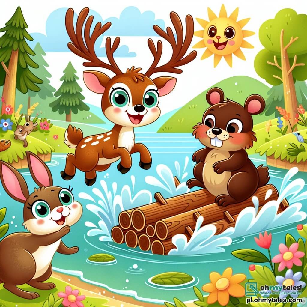 Une illustration sous forme de dessin destinée aux enfants représentant une scène ensoleillée au bord d'une rivière, où un renne aux grands yeux brillants et aux magnifiques cornes en forme de branches s'amuse à sauter dans l'eau avec un sourire joyeux, tandis qu'à ses côtés, un petit lapin aux grandes oreilles et un castor au pelage brun s'apprêtent à construire une grande radeau en bois, tous riant ensemble après une chute inattendue dans l'eau, entourés de fleurs colorées et de feuillages verdoyants.
