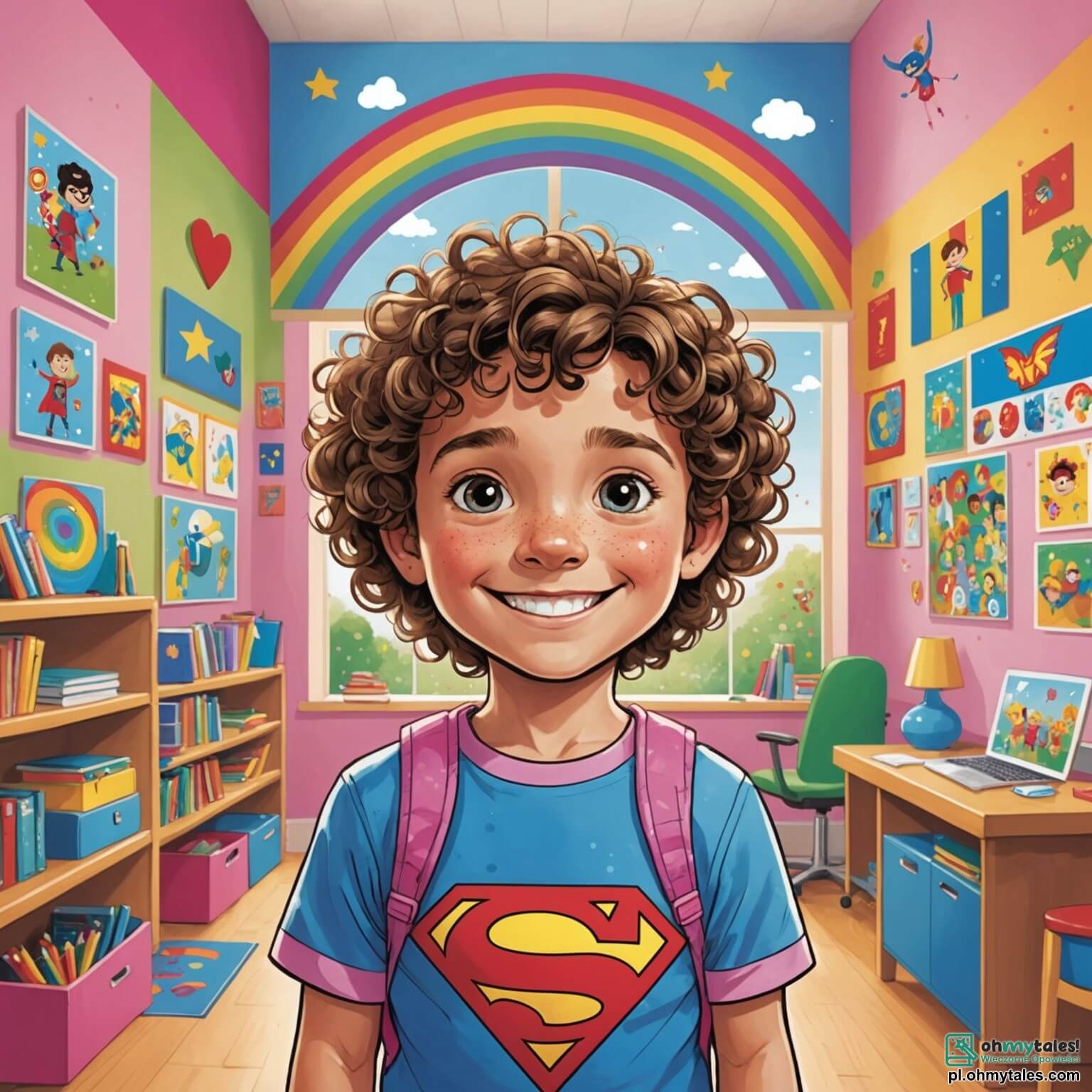 Une illustration destinée aux enfants représentant un petit garçon aux cheveux châtains et bouclés, vêtu d'un t-shirt bleu orné de super-héros, qui, avec un grand sourire et des yeux pétillants de curiosité, se tient au milieu d'une salle de classe colorée, où les murs sont décorés de dessins d'arc-en-ciel et de fleurs multicolores, tandis qu'une petite fille aux couettes blondes, portant une robe rose à pois, l'encourage à participer à un jeu de coopération qui célèbre l'égalité des genres, leur enseignant ainsi que chacun, qu'il soit garçon ou fille, a un rôle précieux à jouer dans l'aventure de l'amitié et du partage.