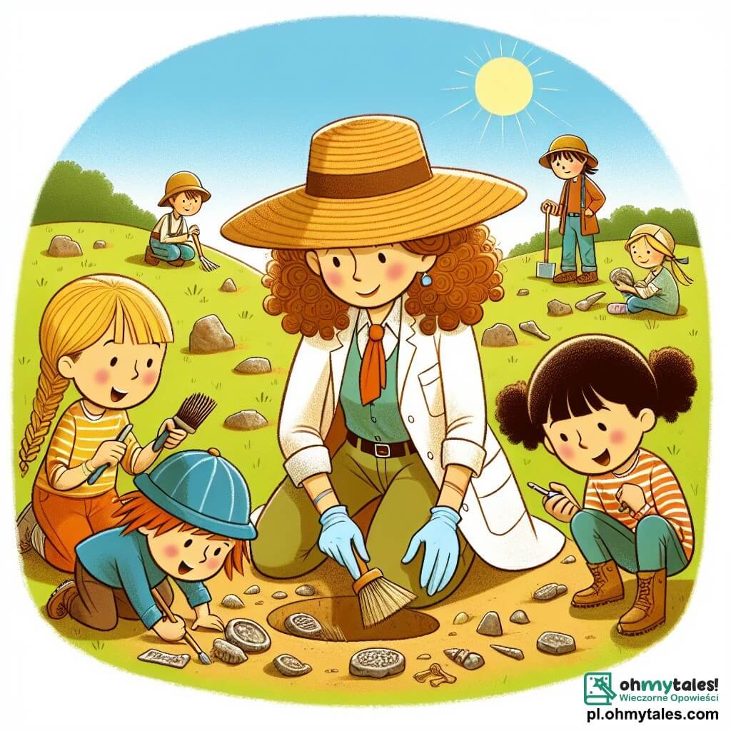 Une illustration sous forme de dessin destinée aux enfants représentant un site archéologique ensoleillé sur une colline verdoyante, où une femme archéologue aux cheveux bruns et bouclés, portant un grand chapeau de paille et des vêtements de travail, est accroupie en train de nettoyer une vieille pièce de monnaie avec une brosse, tandis que trois enfants – une fille aux cheveux blonds, un garçon aux cheveux châtains et un autre garçon aux cheveux noirs – l'observent avec émerveillement, chacun tenant des outils d'exploration, entourés de fossiles et de petits trésors enfouis dans le sol, illustrant l'excitation de la découverte et l'apprentissage de l'histoire.