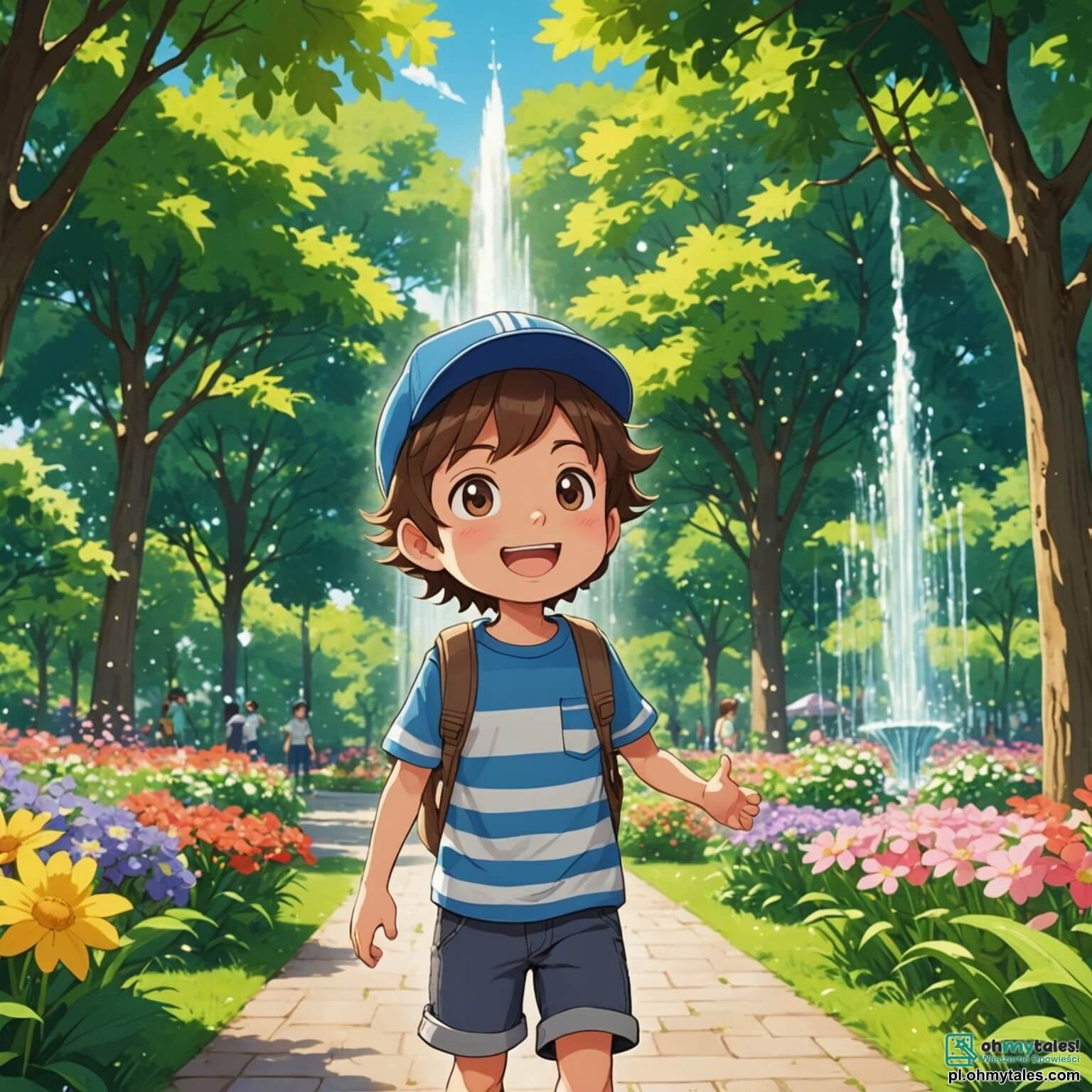 Une illustration destinée aux enfants représentant un petit garçon aux cheveux bruns et ébouriffés, vêtu d'une casquette bleue et d'un t-shirt à rayures, se tenant au milieu d'un parc ensoleillé, entouré de grands arbres aux feuilles vertes brillantes, de fleurs colorées qui dansent au gré du vent et d'une fontaine scintillante, alors qu'il se lance dans une aventure palpitante pour retrouver une petite fille aux longs cheveux dorés, en pleurs près de la fontaine, qui a perdu sa précieuse torba remplie de jouets et de pierres scintillantes, avec l'aide de ses amis, une fille pétillante et curieuse aux yeux pétillants et un garçon intrépide et rusé, tous trois unis dans leur quête pour résoudre le mystère de la disparition des trésors cachés dans ce lieu magique.