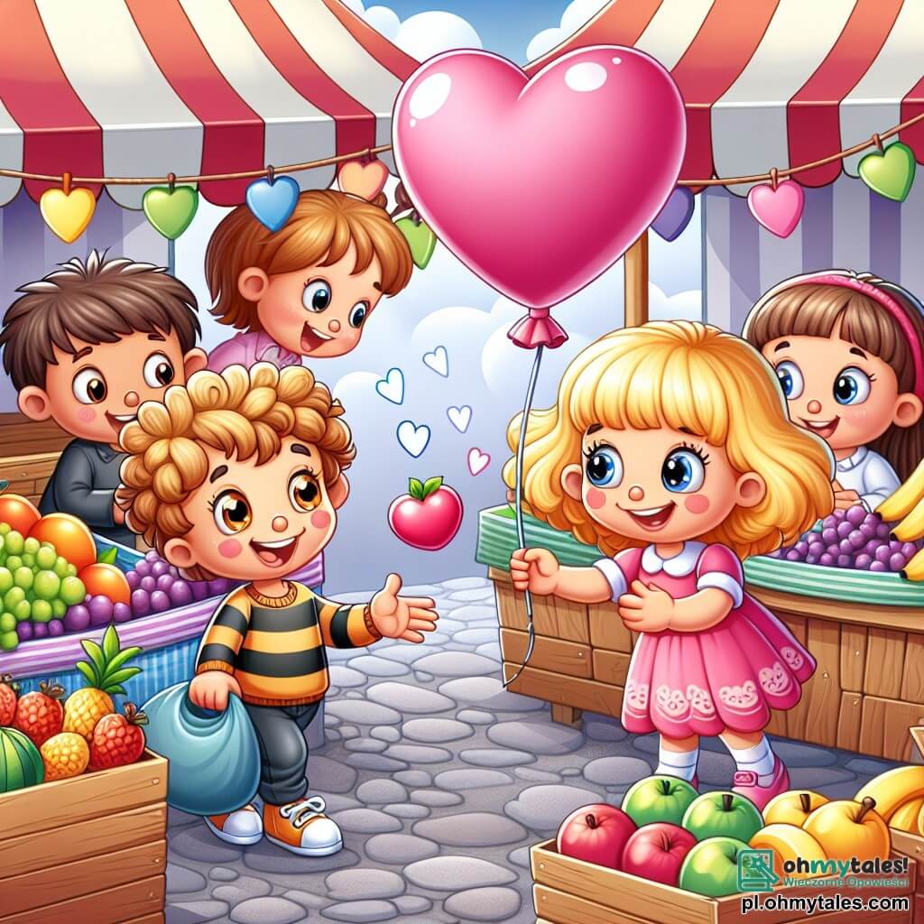 Une illustration sous forme de dessin destinée aux enfants représentant un marché coloré et animé, avec des étals de fruits et de jouets, où un garçon de 5 ans aux cheveux blonds bouclés et aux yeux pétillants, en train de pointer du doigt une petite fille en robe rose qui tient un balon en forme de cœur, tandis que deux autres enfants, une fille aux cheveux bruns et une autre aux cheveux châtains, les regardent avec curiosité, tous engagés dans une enquête pour retrouver le balon volé, avec des sourires et une ambiance joyeuse.