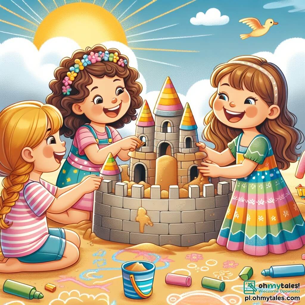 Une illustration sous forme de dessin destinée aux enfants représentant une scène joyeuse dans une cour de récréation ensoleillée, où une petite fille de 5 ans aux cheveux bruns et bouclés, vêtue d'une robe colorée et portant un sourire éclatant, construit un grand château de sable avec deux de ses amies, une fille aux cheveux blonds tressés et une autre aux cheveux châtains, toutes les trois concentrées et riant ensemble, entourées de jouets de plage et de dessins colorés sur le sol, illustrant l'esprit de camaraderie et de créativité à l'école.