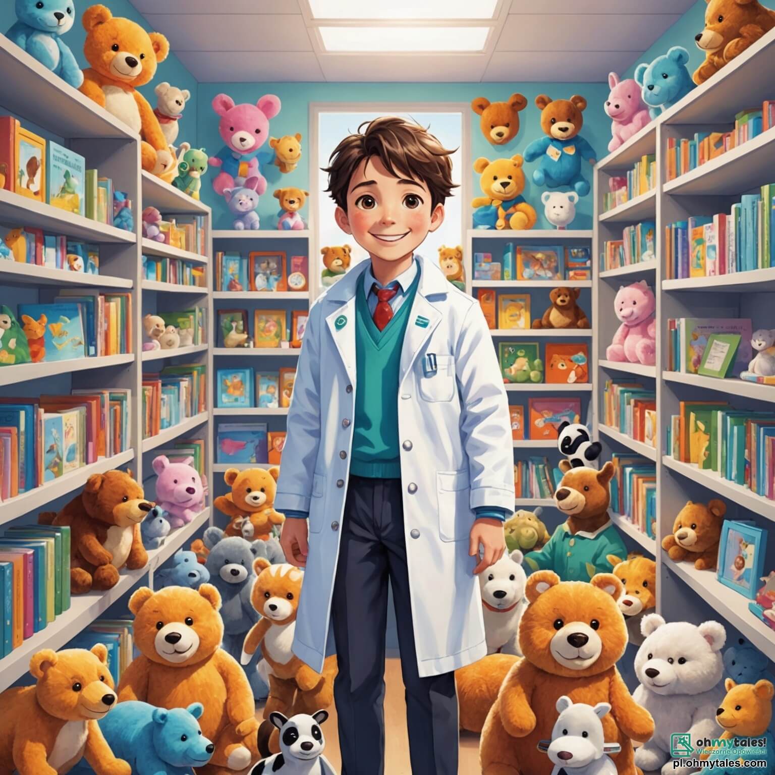 Une illustration destinée aux enfants représentant un homme au sourire chaleureux, vêtu d'une blouse blanche éclatante, entouré de peluches de toutes les couleurs, dans une clinique vétérinaire lumineuse et accueillante, où les murs sont ornés de posters colorés d'animaux souriants et des étagères débordent de livres sur les soins animaliers, tandis qu'une petite fille aux yeux pétillants d'excitation, portant une robe à fleurs, observe avec émerveillement le vétérinaire s'occupant d'un chien aux grandes oreilles qui remue la queue avec joie, et où un chaton curieux aux poils gris et blancs se faufile entre les jambes de la petite fille, créant une atmosphère de tendresse et d'aventure.