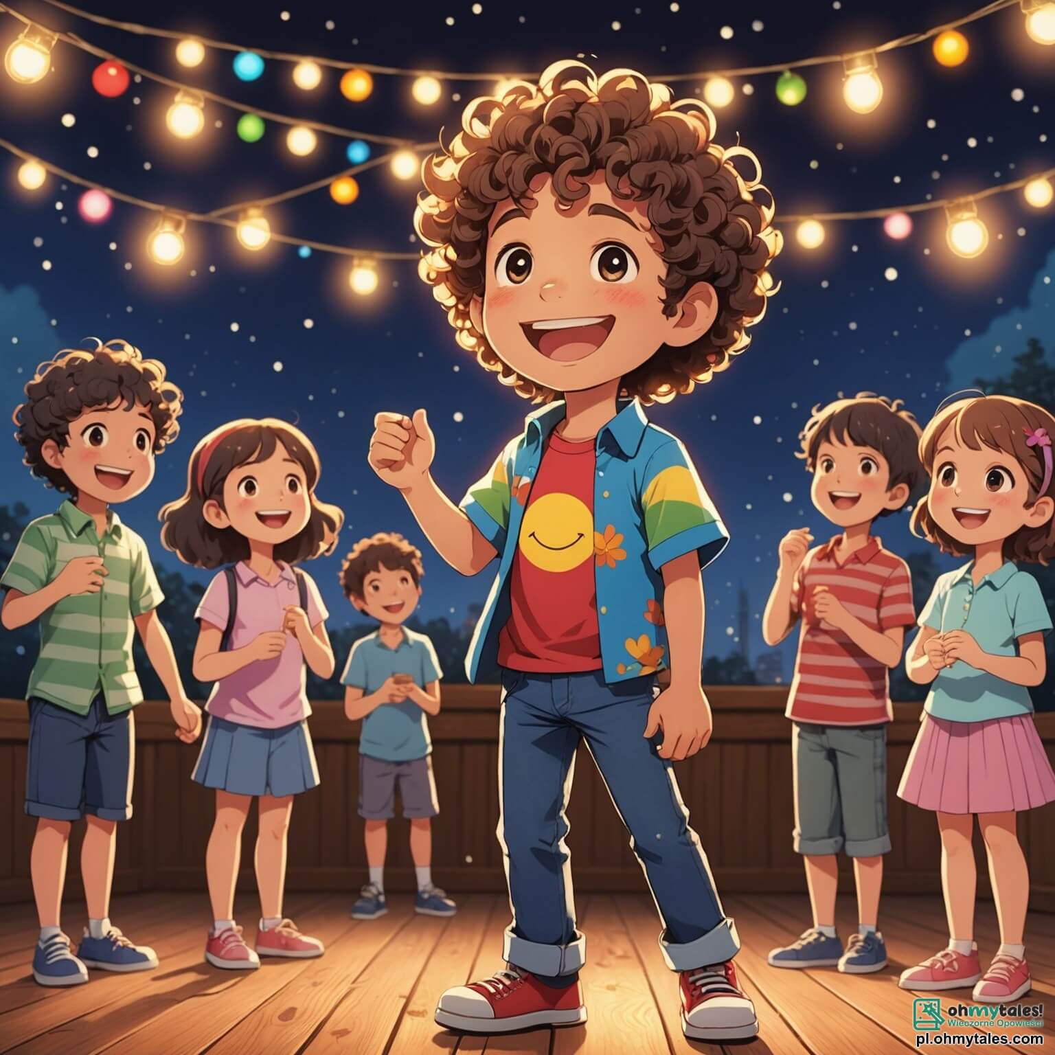 Une illustration destinée aux enfants représentant un homme au sourire éclatant et aux cheveux bouclés, vêtu d'une chemise colorée qui scintille sous les rayons du soleil, se tenant sur une scène en bois ornée de guirlandes lumineuses et entourée de rires d'enfants, où il partage sa passion pour la musique avec une petite fille aux yeux pétillants et un garçon aux joues roses, tous deux impatients de chanter ensemble dans un parc verdoyant rempli de fleurs éclatantes et d'arbres majestueux, créant une atmosphère joyeuse et festive qui résonne de mélodies entraînantes et de rêves d'aventures musicales.