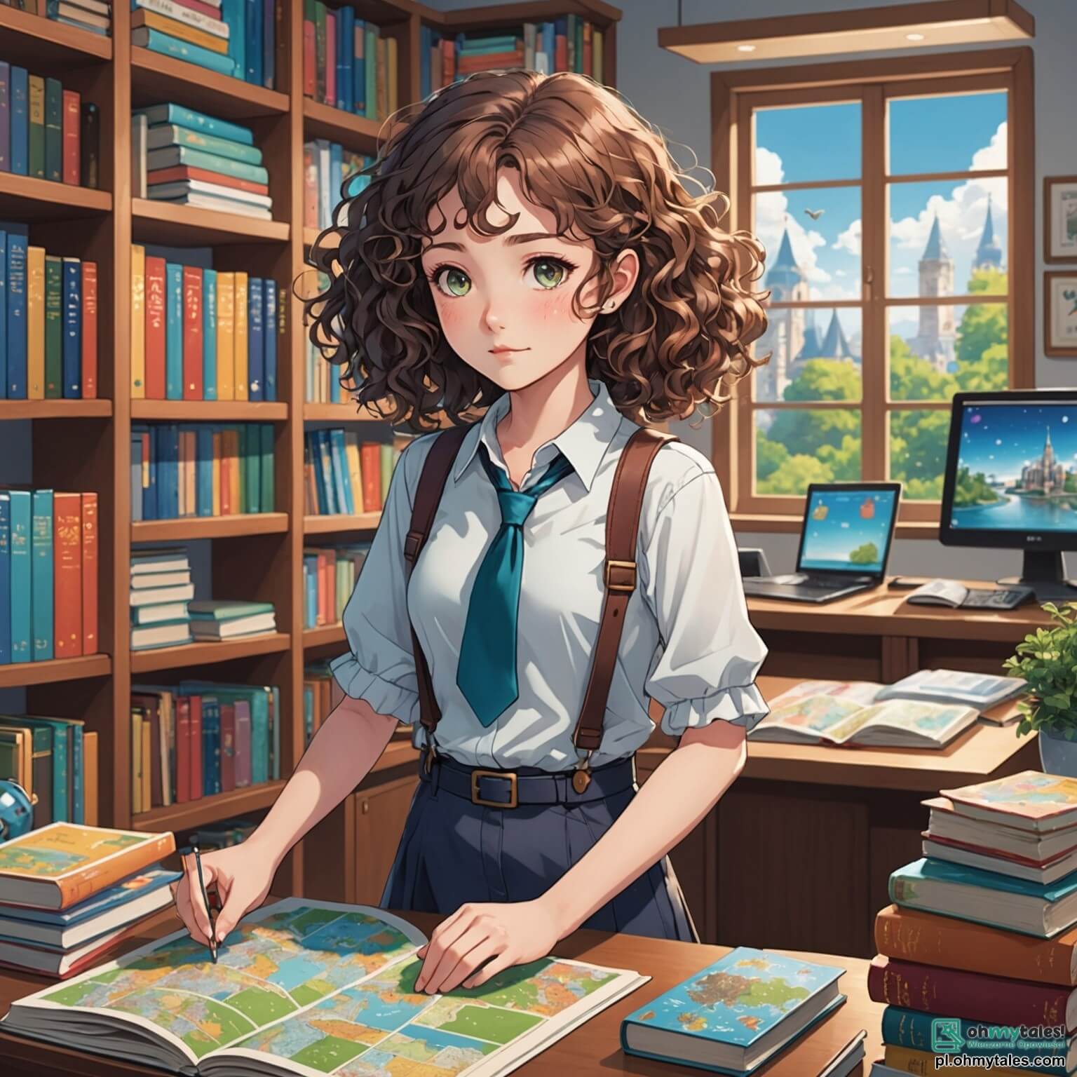 Une illustration destinée aux enfants représentant une jeune femme au regard pétillant d'intelligence, aux cheveux bouclés et à la démarche assurée, se tenant dans son bureau rempli de livres aux couvertures colorées et de cartes mystérieuses, alors qu'elle se prépare à résoudre une énigme captivante concernant la disparition de la douce et espiègle petite chatte de sa meilleure amie, une fille au visage inquiet et aux yeux brillants de larmes, dans un charmant petit village bordé de maisons en bois aux volets peints, de jardins fleuris où les oiseaux chantent, et d'un vaste bois verdoyant où se cachent mille secrets à découvrir.