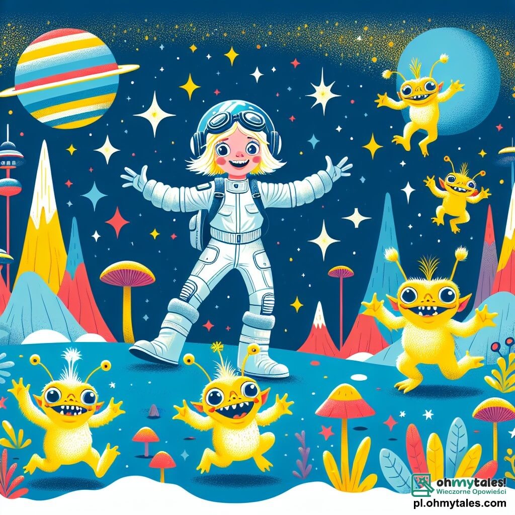 Ilustracja przedstawiająca kolorową scenę na małej niebieskiej planecie, z gwiaździstym niebem i migoczącymi gwiazdami. W centrum znajduje się pilotka, z blond włosami i okularami ochronnymi, uśmiechająca się radośnie, bawiąc się z małymi żółtymi stworzeniami o dużych okrągłych oczach i spiczastych uszach. Te strocki, o dziecinnej aparycji, skaczą wokół niej, śmiejąc się i tańcząc. Kobieta, ubrana w srebrny skafander kosmiczny, wyciąga ręce, aby złapać jedno ze stworzeń, tworząc atmosferę radości i przygody. W tle kolorowe góry i dziwne kwiaty dodają magicznego akcentu tej międzygalaktycznej scenie.