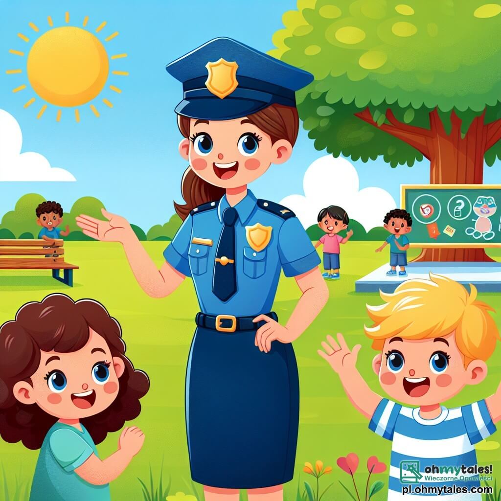 Une illustration sous forme de dessin destinée aux enfants représentant un parc ensoleillé avec un grand arbre au centre, où une femme policier souriante, en uniforme bleu avec une casquette, explique les règles de sécurité à deux enfants : une petite fille aux cheveux bruns et bouclés, qui écoute attentivement, et un garçon aux cheveux blonds, qui lève la main avec enthousiasme pour poser une question, tandis qu'un groupe d'autres enfants joue en arrière-plan, créant une atmosphère joyeuse et éducative.