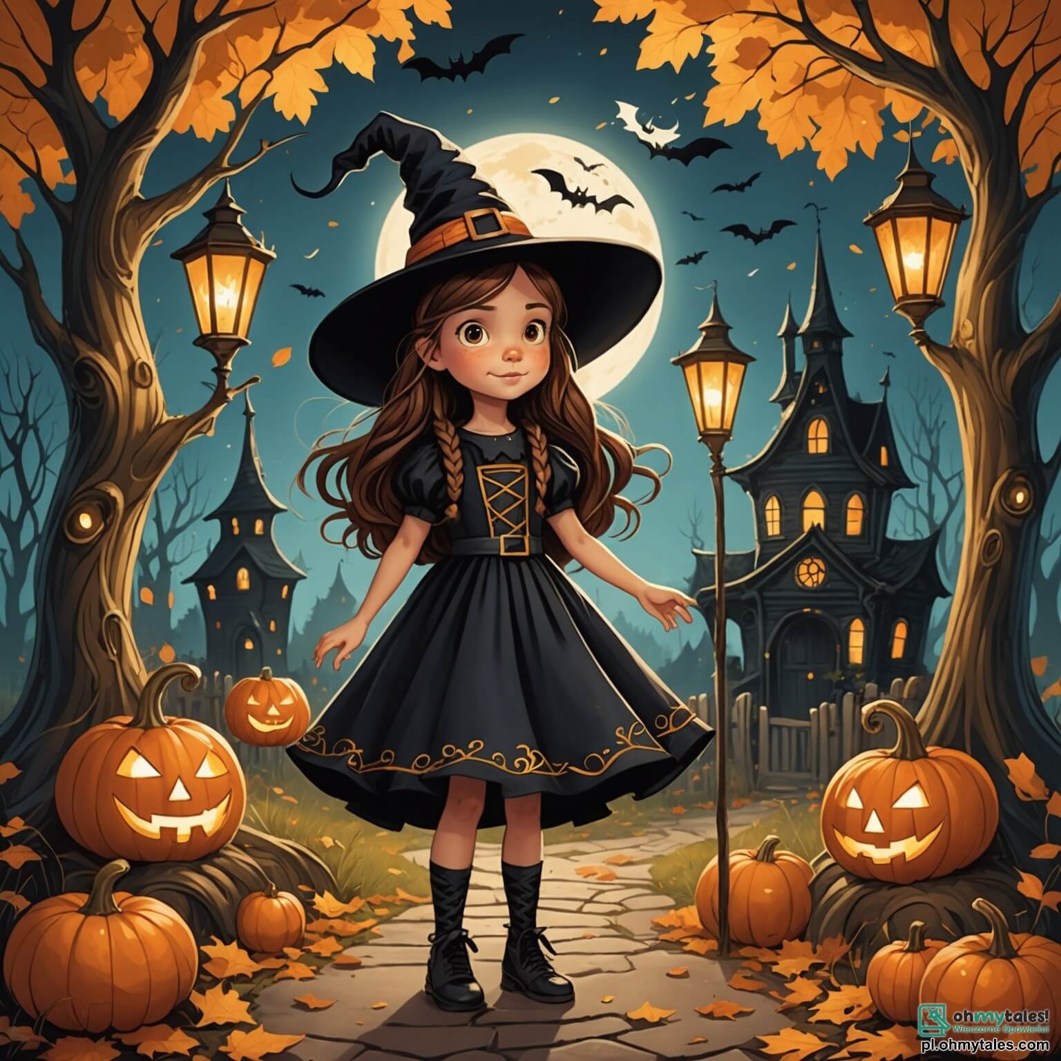 Une illustration destinée aux enfants représentant une petite fille aux longs cheveux bruns tressés, vêtue d'une robe noire scintillante et d'un grand chapeau de sorcière, se tenant avec enthousiasme devant un mystérieux jardin abandonné, où des arbres aux branches tordues s'étendent comme des bras fantomatiques, des feuilles dorées tourbillonnent dans l'air frais d'Halloween, et des lanternes en forme de citrouille illuminent le chemin, tandis qu'à ses côtés, ses deux amies, une fille aux cheveux blonds bouclés et une autre aux cheveux roux, l'encouragent à explorer ce lieu enchanteur, où des ombres dansent et des rires d'enfants résonnent au loin, promettant une aventure pleine de surprises et de douceurs à récolter.