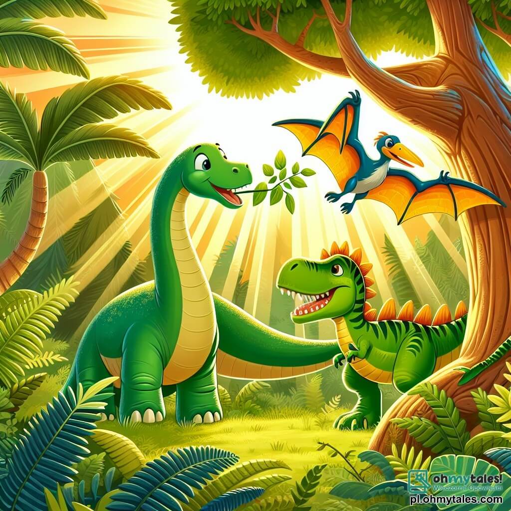 Une illustration sous forme de dessin destinée aux enfants représentant une scène vibrante dans une d jungle luxuriante, où un grand diplodocus au long cou et à la peau verte se penche pour goûter des feuilles juteuses sur un arbre, tandis qu'un petit pterodactyle aux couleurs vives vole joyeusement autour de lui, et un tyrannosaure amical, avec des écailles dorées et un large sourire, observe la scène avec curiosité, le tout baigné dans une lumière dorée du soleil filtrant à travers les feuillages, symbolisant l'amitié et l'aventure au cœur de la préhistoire.