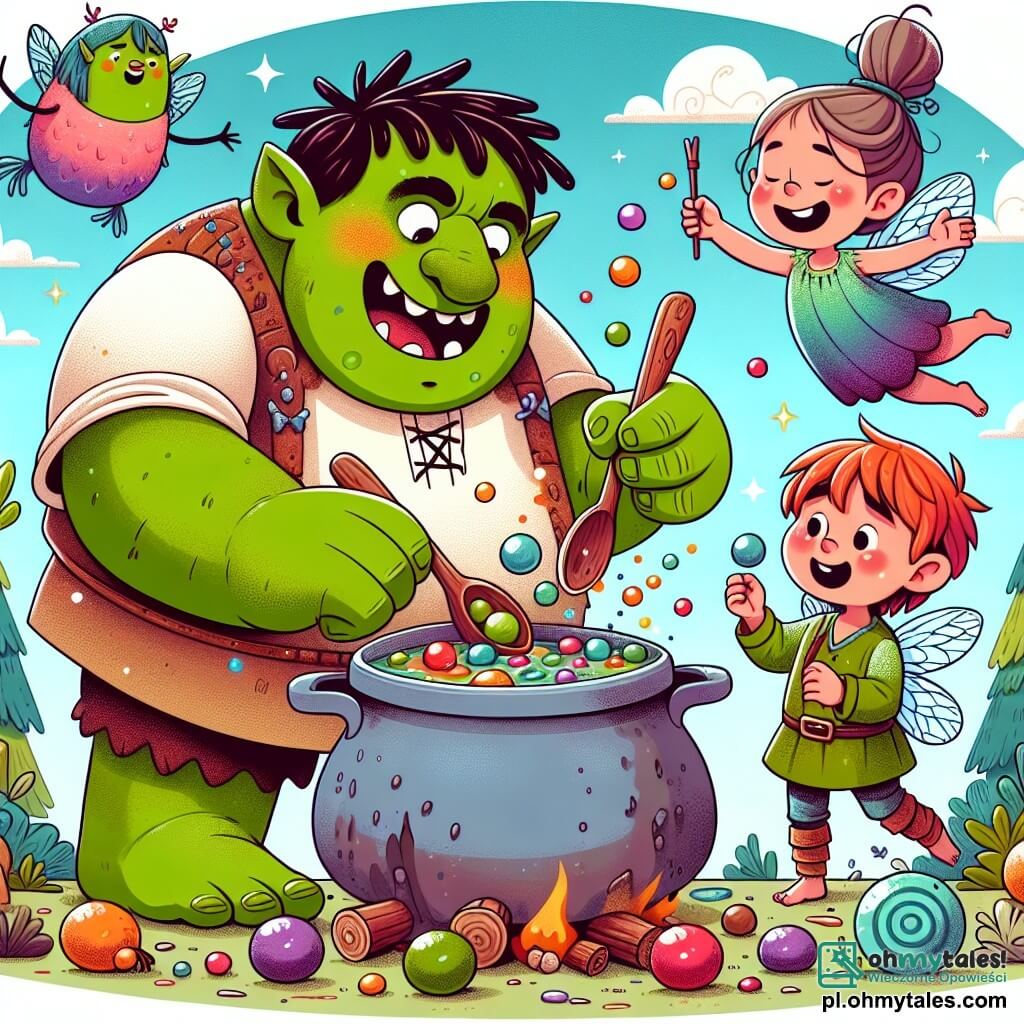 Une illustration sous forme de dessin destinée aux enfants représentant une scène colorée dans la forêt enchantée des Błotnych Ogrów, où un grand ogre vert à la peau rugueuse et aux yeux pétillants, souriant joyeusement, prépare une grande marmite de soupe aux baies avec des ingrédients colorés, tandis qu'à ses côtés, un petit garçon ogre aux cheveux en bataille et une petite fille poisson aux ailes scintillantes volent autour de lui, tous deux riant et aidant à rassembler des baies multicolores, sous un ciel bleu parsemé de nuages en forme de bonbons.
