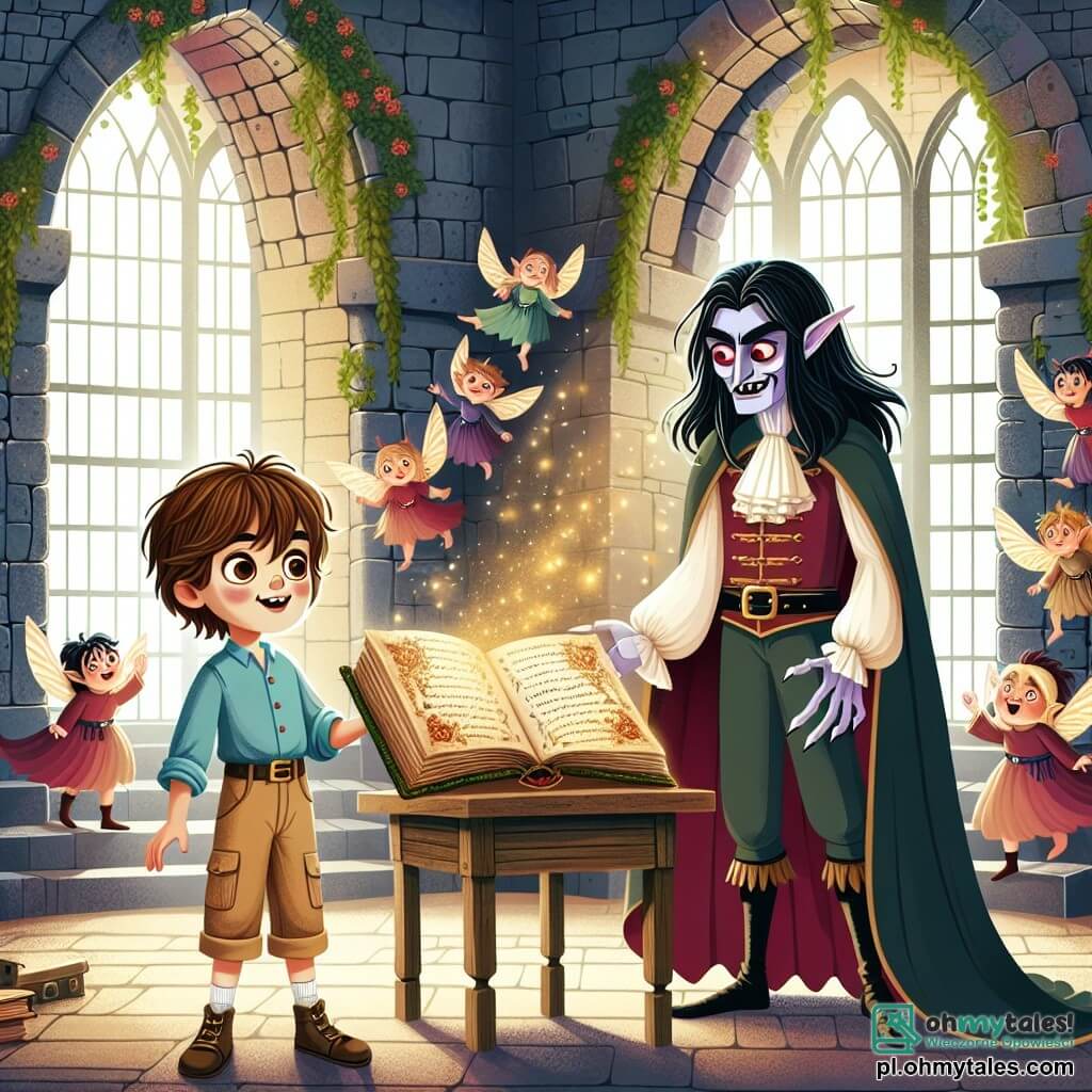 Une illustration sous forme de dessin destinée aux enfants représentant l'intérieur d'un vieux château mystérieux, avec de grands murs en pierre recouverts de lierre et des fenêtres brisées laissant passer des rayons de lumière dorée, où un jeune garçon aux cheveux châtains et aux yeux pétillants, vêtu d'une chemise bleue et d'un pantalon en toile, se tient avec curiosité devant un vampire amical à la peau pâle, aux longs cheveux noirs et aux yeux rouges brillants, qui sourit tout en montrant un ancien livre magique ouvert sur une table en bois, tandis qu'autour d'eux, des elfes aux oreilles pointues et aux robes colorées dansent joyeusement, créant une atmosphère de magie et d'aventure.