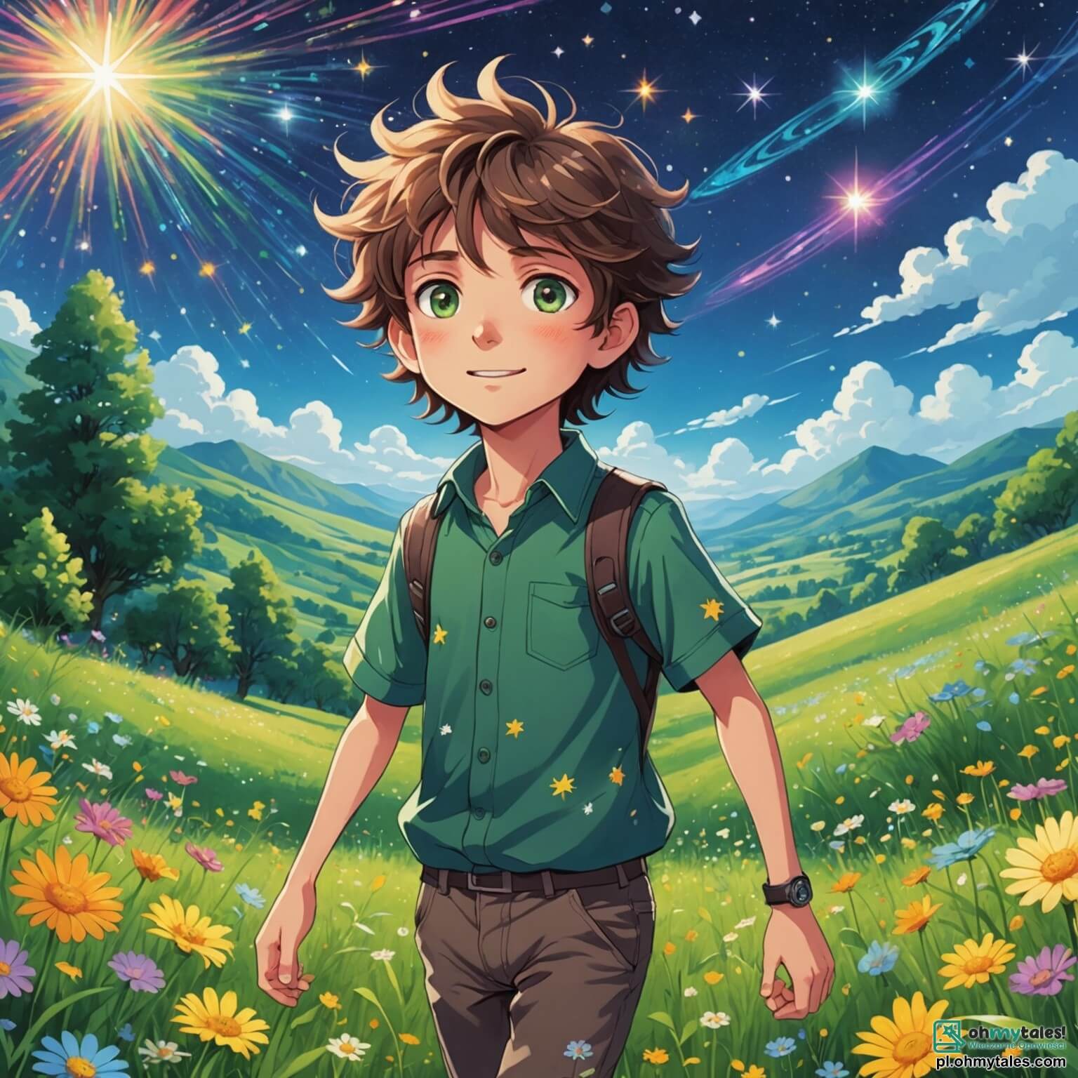 Une illustration destinée aux enfants représentant un garçon aux yeux pétillants de curiosité, avec des cheveux ébouriffés comme des nuages d'été, se tenant au milieu d'une prairie verdoyante parsemée de fleurs multicolores qui dansent au gré du vent, tandis qu'une étoile scintillante, semblable à un diamant, brille au-dessus de lui, annonçant l'arrivée d'une aventure incroyable où il rencontrera une petite extraterrestre à la peau irisée et aux antennes délicates, ainsi qu'un grand robot amical aux bras en forme de spirale, tous deux prêts à l'accompagner dans une quête magique à travers des forêts enchantées et des rivières luminescentes, où les arbres chantent des mélodies douces et les pierres racontent des histoires anciennes.