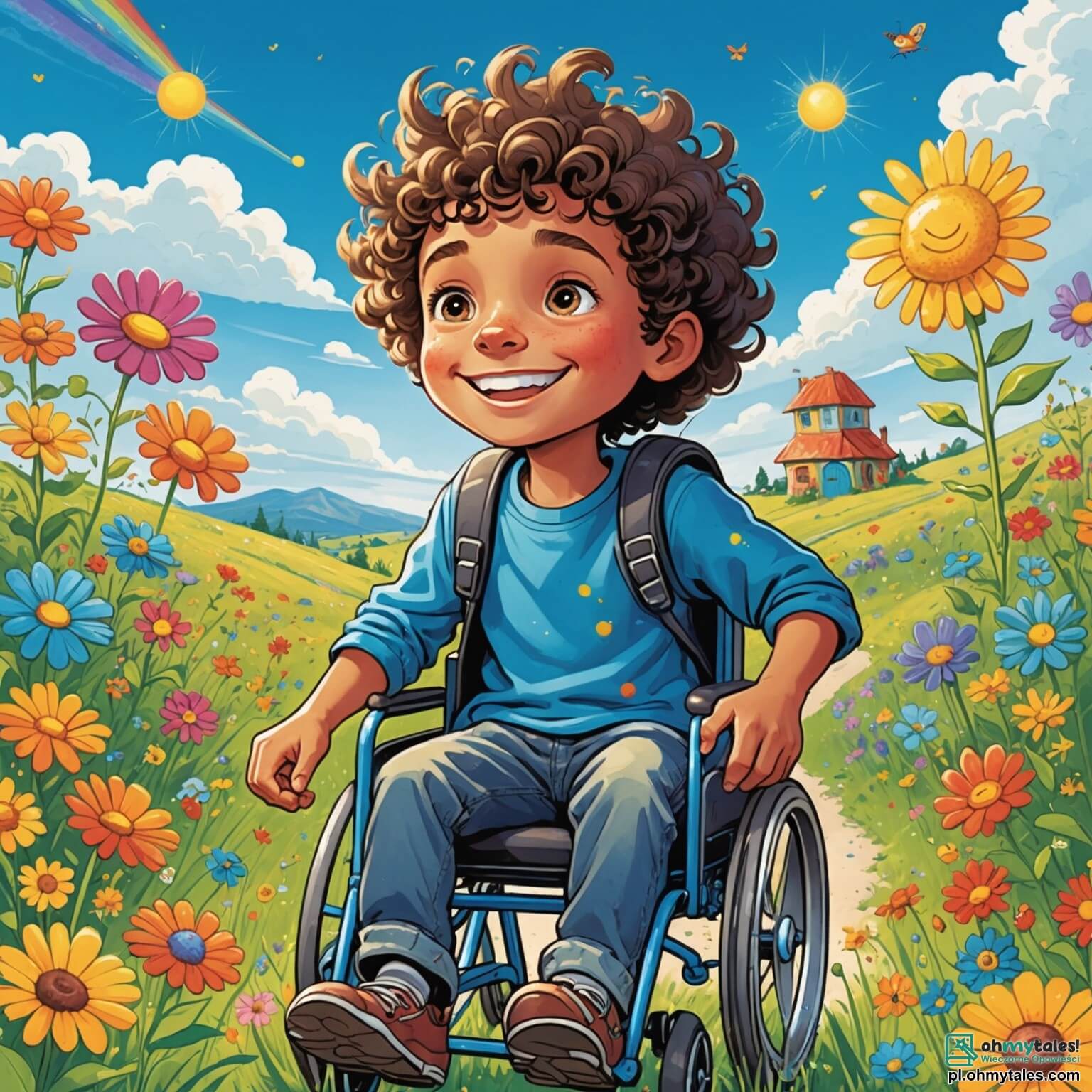 Une illustration destinée aux enfants représentant un garçon aux yeux pétillants de curiosité, assis dans un fauteuil roulant coloré, explorant avec enthousiasme une vaste prairie parsemée de fleurs éclatantes aux couleurs vives, entouré de ses amis, dont un autre garçon plein de vie qui court avec un sourire radieux, tandis qu'une petite fille aux cheveux bouclés et au rire contagieux les rejoint, le tout sous un ciel bleu azur parsemé de nuages duveteux, où les rayons du soleil illuminent chaque brin d'herbe, créant une scène joyeuse et pleine d'espoir, symbolisant l'amitié et la découverte malgré les défis du quotidien.