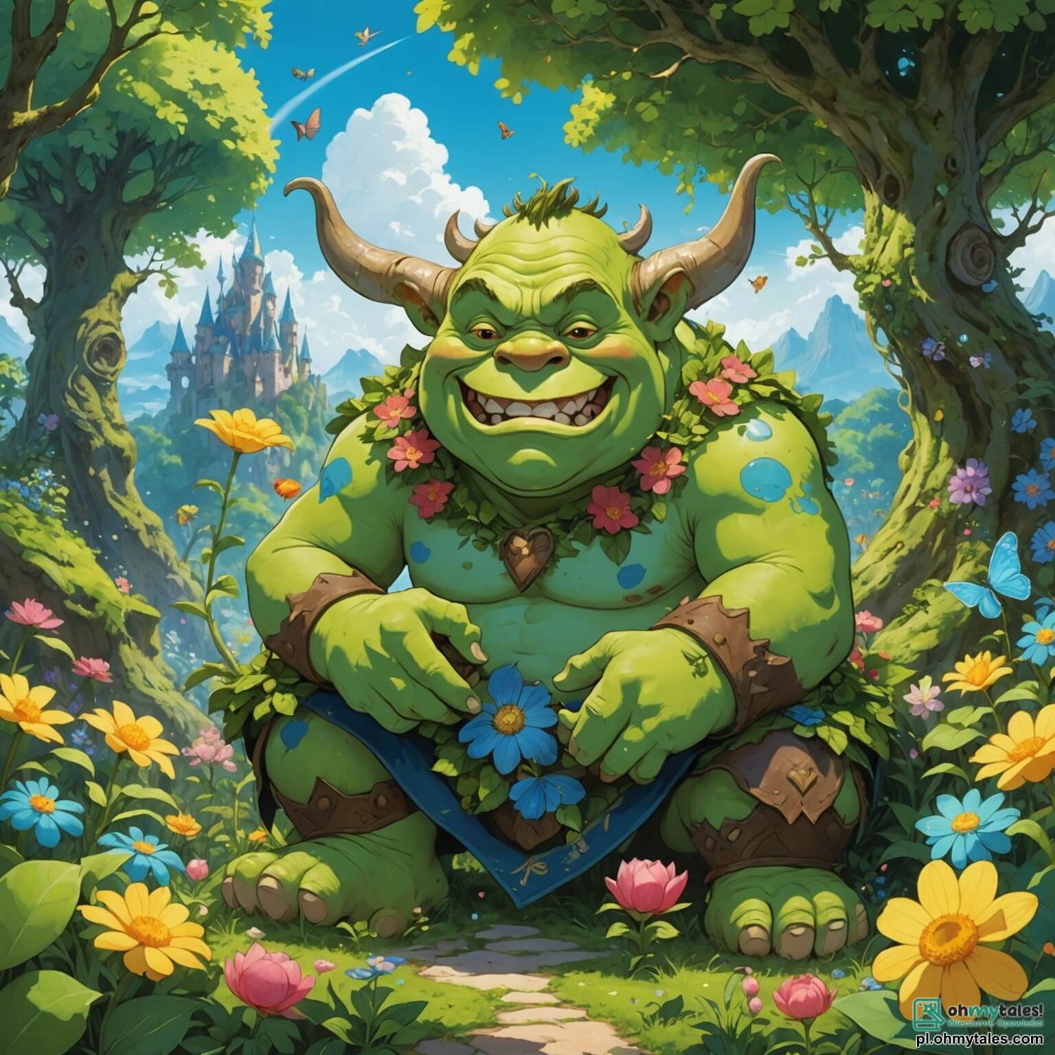 Une illustration destinée aux enfants représentant un ogre au visage jovial et à la peau verte éclatante, assis au cœur d'un jardin enchanté où des fleurs géantes aux pétales multicolores s'épanouissent sous un ciel azur, tandis qu'une petite fée aux ailes scintillantes vole autour de lui, cherchant à l'aider à retrouver sa précieuse couronne perdue parmi les buissons d'arbres aux troncs torsadés et couverts de mousse.