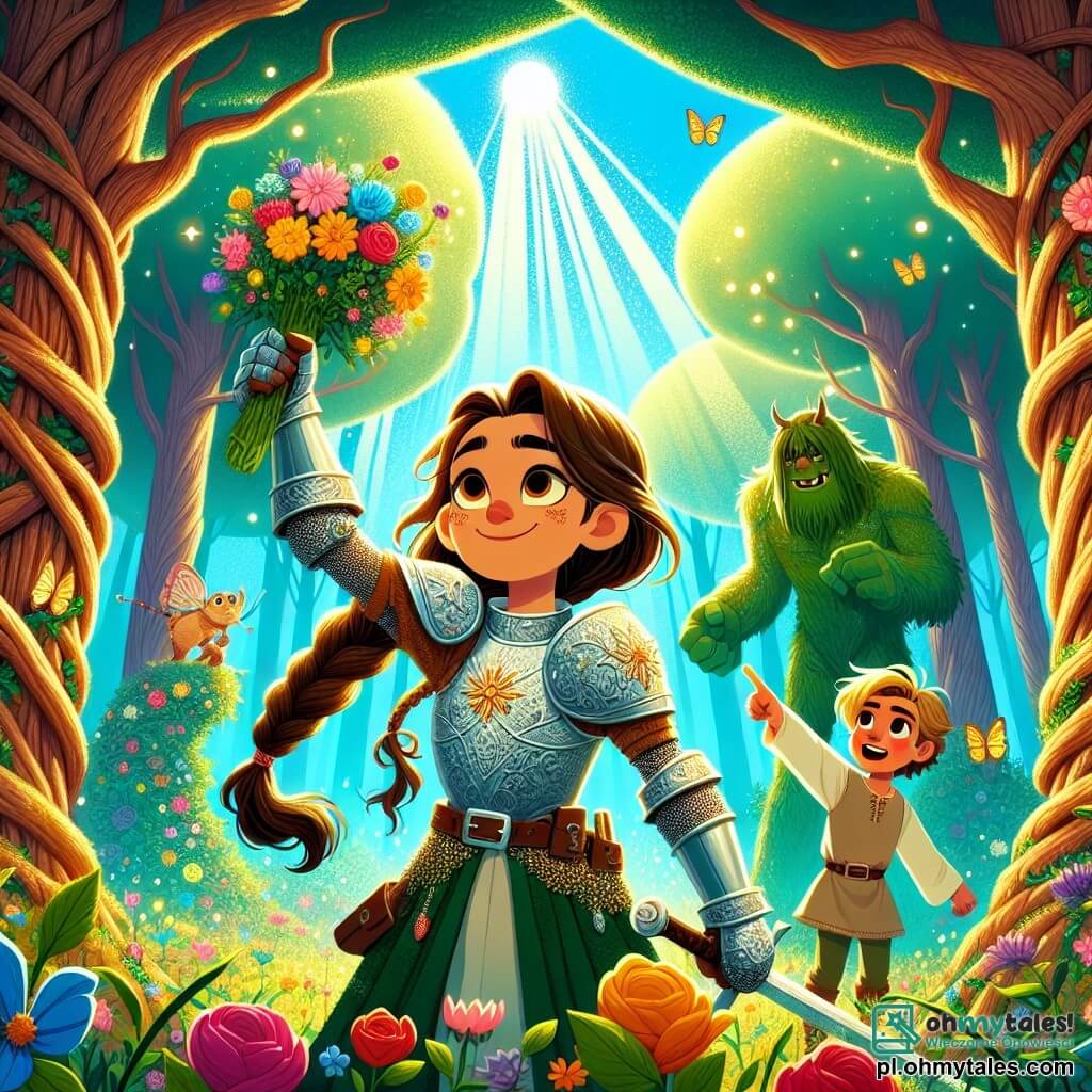 Illustration destinée aux enfants représentant une scène vibrante dans une forêt enchantée, où de grands arbres aux troncs noueux s'élèvent vers un ciel bleu éclatant, parsemé de rayons de soleil filtrant à travers le feuillage. Au centre, une courageuse chevaleresse, avec de longs cheveux bruns tressés, portant une armure scintillante ornée de motifs floraux, brandit son épée avec détermination, prête à affronter un défi. À ses côtés, un jeune garçon aux yeux pétillants et aux cheveux blonds, vêtu d'une tunique simple, pointe du doigt un énorme pot de fleurs colorées, tandis qu'un grand et doux monstre vert, aux yeux ronds et au sourire amical, se tient derrière eux, montrant qu'il n'est pas un ennemi mais un nouvel ami. L'atmosphère est remplie de magie et d'aventure, avec des papillons virevoltant autour et des éclats de lumière scintillant dans l'air, illustrant la promesse d'une grande aventure à venir.