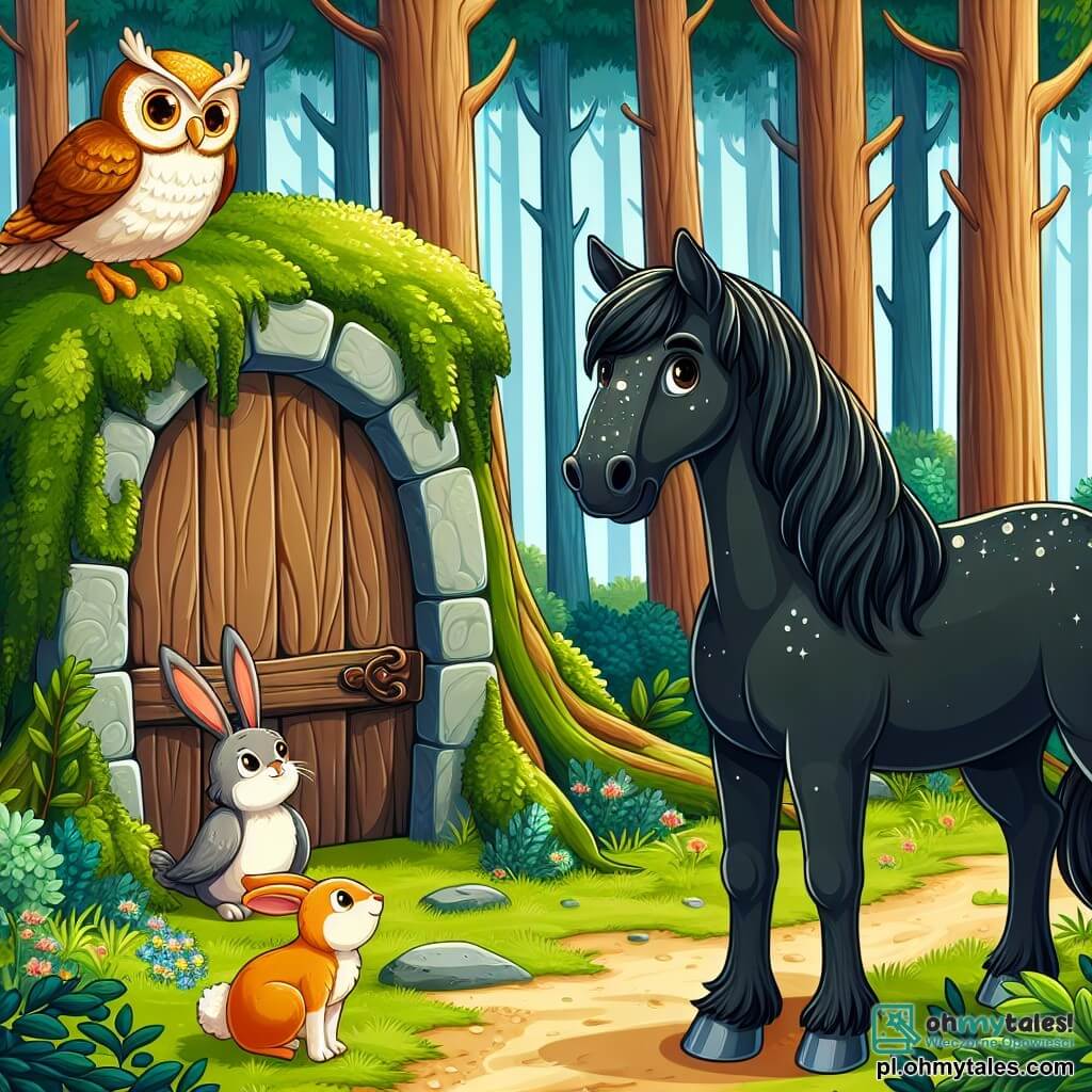 Une illustration sous forme de dessin destinée aux enfants représentant une clairière enchantée dans un forêt verdoyante, où un majestueux cheval noir à la crinière brillante et aux yeux scintillants, se tient curieusement devant une vieille porte en bois couverte de mousse, tandis qu'une sage chouette aux plumes dorées et un joyeux lapin aux grandes oreilles l'observent avec émerveillement, tous trois prêts à découvrir les mystères cachés derrière cette brèche magique qui pourrait les mener vers une aventure inoubliable.
