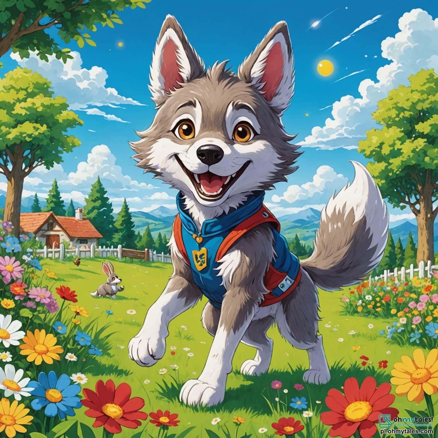 Une illustration destinée aux enfants représentant un loup curieux et espiègle, aux yeux pétillants de malice, qui s'apprête à organiser une compétition de sauts sur une vaste et verdoyante pelouse parsemée de fleurs colorées, où un petit lapin joyeux, aux grandes oreilles et au pelage doux comme du coton, l'encourage avec enthousiasme, le tout sous un ciel bleu éclatant parsemé de nuages duveteux.
