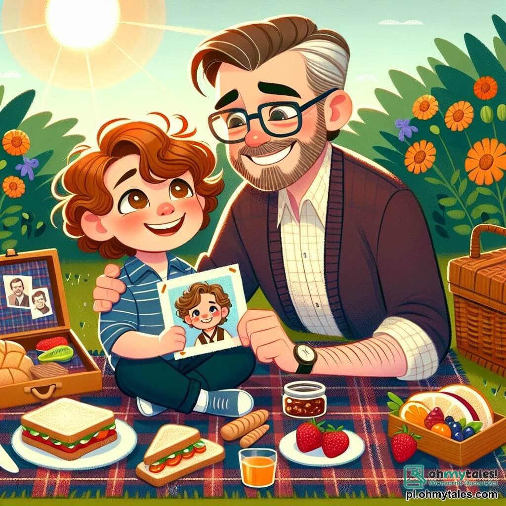 Une illustration sous forme de dessin destinée aux enfants représentant un jardin ensoleillé, avec un petit garçon de 5 ans aux cheveux châtains et bouclés, souriant et assis sur un koc en tartan, entouré de délicieuses friandises comme des sandwichs au confiture et des fruits colorés, tandis qu'un homme d'âge moyen, avec une barbe brune et des lunettes, le regarde avec tendresse, tenant une photo de lui enfant, alors qu'ils célèbrent ensemble la fête des pères dans une atmosphère joyeuse et chaleureuse, remplie de rires et d'amour.