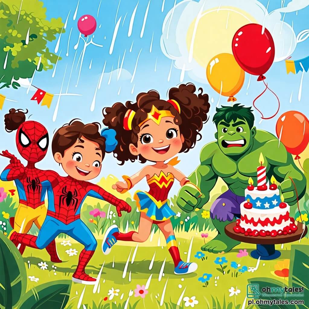 Une illustration sous forme de dessin destinée aux enfants représentant une fête d'anniversaire joyeuse dans un jardin coloré, avec une fille de 11 ans aux cheveux bruns bouclés, portant des vêtements colorés et des chaussettes dépareillées, souriante et entourée de ses amis : un garçon en costume de Spider-Man, une fille déguisée en Wonder Woman, et un autre garçon ressemblant à Hulk, tous en train de jouer à un jeu de chasse au trésor, avec des ballons flottants et un grand gâteau d'anniversaire décoré de super-héros sur une table à proximité, le tout sous un ciel ensoleillé après une légère pluie.