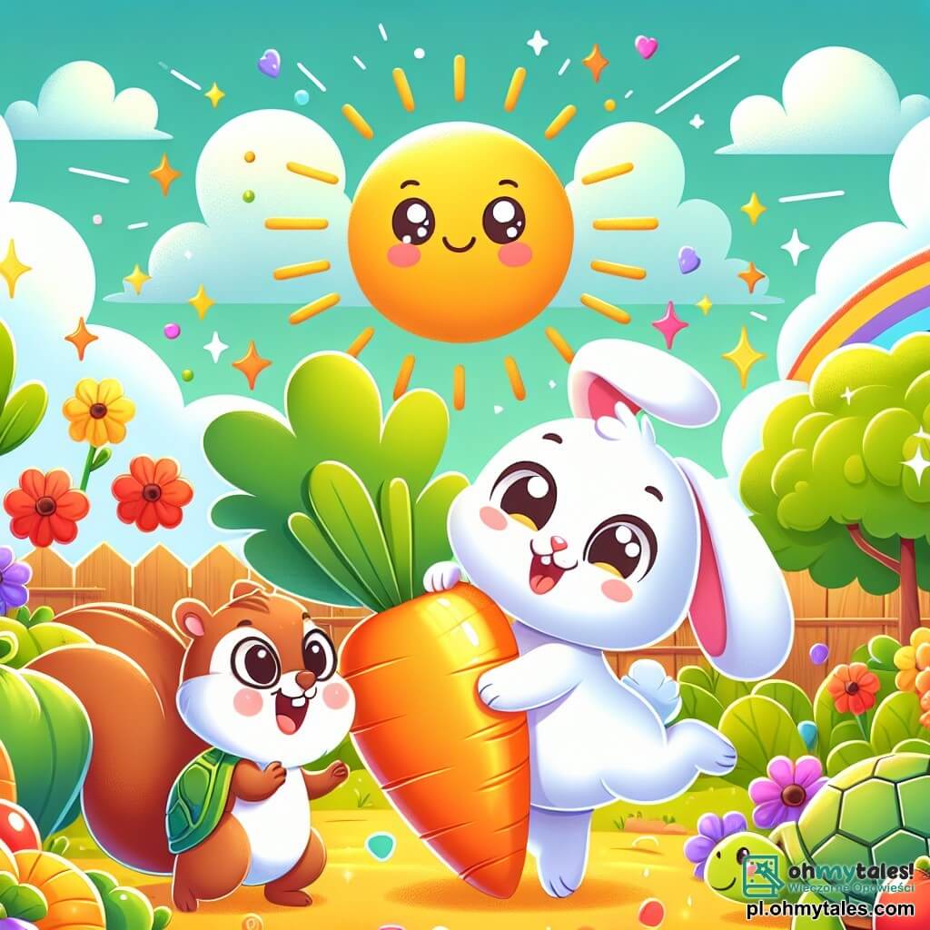 Une illustration sous forme de dessin destinée aux enfants représentant un jardin coloré et ensoleillé, rempli de légumes vibrants, où un adorable lapin au pelage blanc et aux grandes oreilles se tient joyeusement en train de sauter près d'une grande carotte dorée, tandis qu'une petite écureuil aux yeux pétillants et une grande tortue au sourire bienveillant les observent avec curiosité, alors qu'une pluie d'étincelles colorées s'élève autour d'eux, évoquant la magie et l'amusement d'une découverte inattendue.