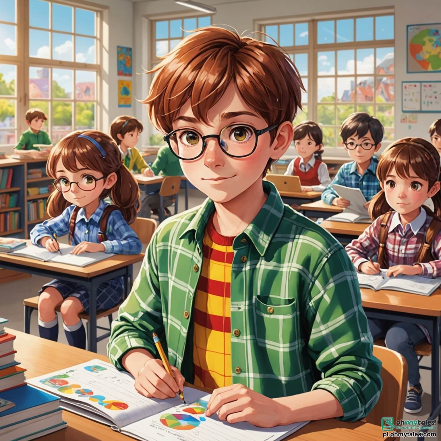 Une illustration destinée aux enfants représentant un garçon aux cheveux châtains, aux yeux pétillants de curiosité, vêtu d'une chemise à carreaux colorée, se tenant debout dans une salle de classe lumineuse aux murs ornés de dessins d'élèves et de posters éducatifs, entouré de ses camarades de classe, dont une fille aux couettes rieuses et un garçon à lunettes, tous assis à des bureaux en bois, tandis que le soleil filtre à travers de grandes fenêtres, illuminant les livres empilés et les crayons colorés qui jonchent les tables, alors qu'ils s'apprêtent à partager leurs rêves de vacances d'été lors du dernier jour d'école avant les grandes aventures estivales.