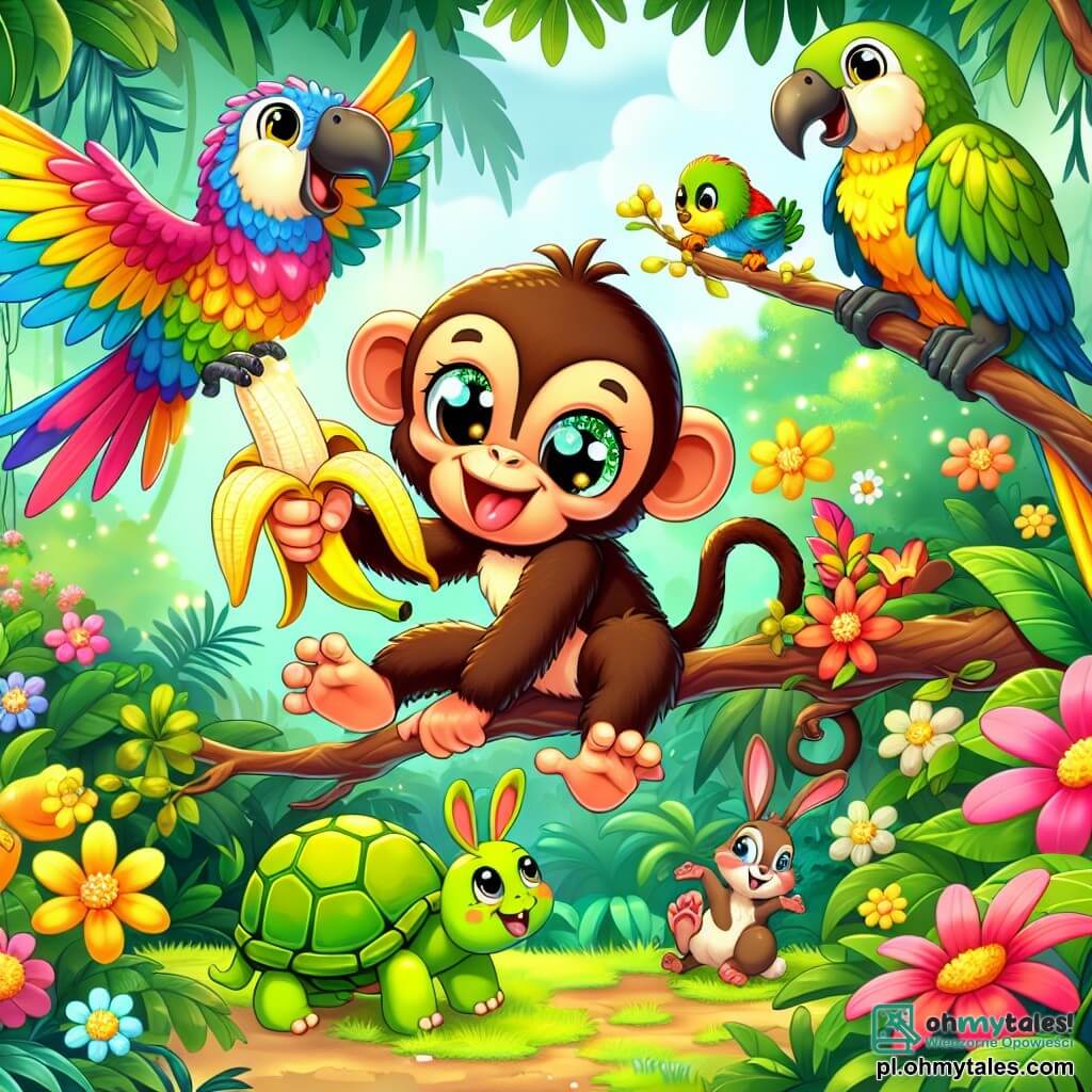 Une illustration sous forme de dessin destinée aux enfants représentant une scène joyeuse dans une densa jungle tropicale, avec un singe espiègle à la fourrure brune et aux grands yeux pétillants, grimpant agilement à une branche tout en tenant une banane dans sa main, entouré de ses amis : une papaye colorée aux plumes vives qui vole joyeusement autour de lui, un tortue à la carapace verte qui regarde avec curiosité depuis le sol, et un lapin aux grandes oreilles qui saute de joie, alors qu'ils participent ensemble à une compétition amusante de pelage de bananes, avec des feuilles tropicales et des fleurs éclatantes en arrière-plan.