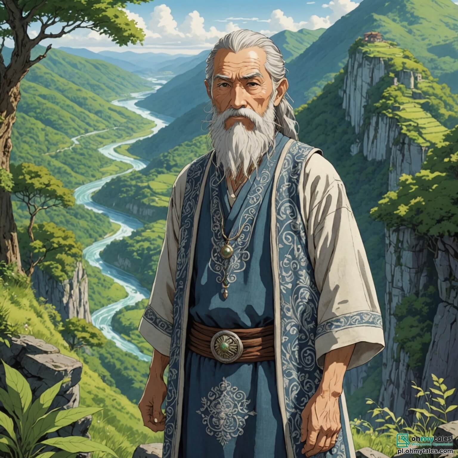Une illustration destinée aux enfants représentant un homme au visage buriné par le temps, avec une longue barbe argentée et des yeux pétillants de sagesse, vêtu d'une tunique en lin brodée de motifs anciens, se tenant fier et déterminé au sommet d'une montagne escarpée, surplombant une vallée verdoyante où des rivières scintillantes serpentent entre des forêts denses peuplées de créatures magiques, tandis qu'il se prépare à affronter un mal ancien qui menace son royaume, accompagné de ses fidèles compagnons : une jeune fille intrépide aux cheveux dorés, armée d'un arc en bois sculpté, et un petit troll au sourire malicieux, dont la peau verte se fond dans les feuillages environnants, tous unis dans cette quête épique au cœur d'une terre où l'histoire et la magie se mêlent dans un ballet enchanteur.