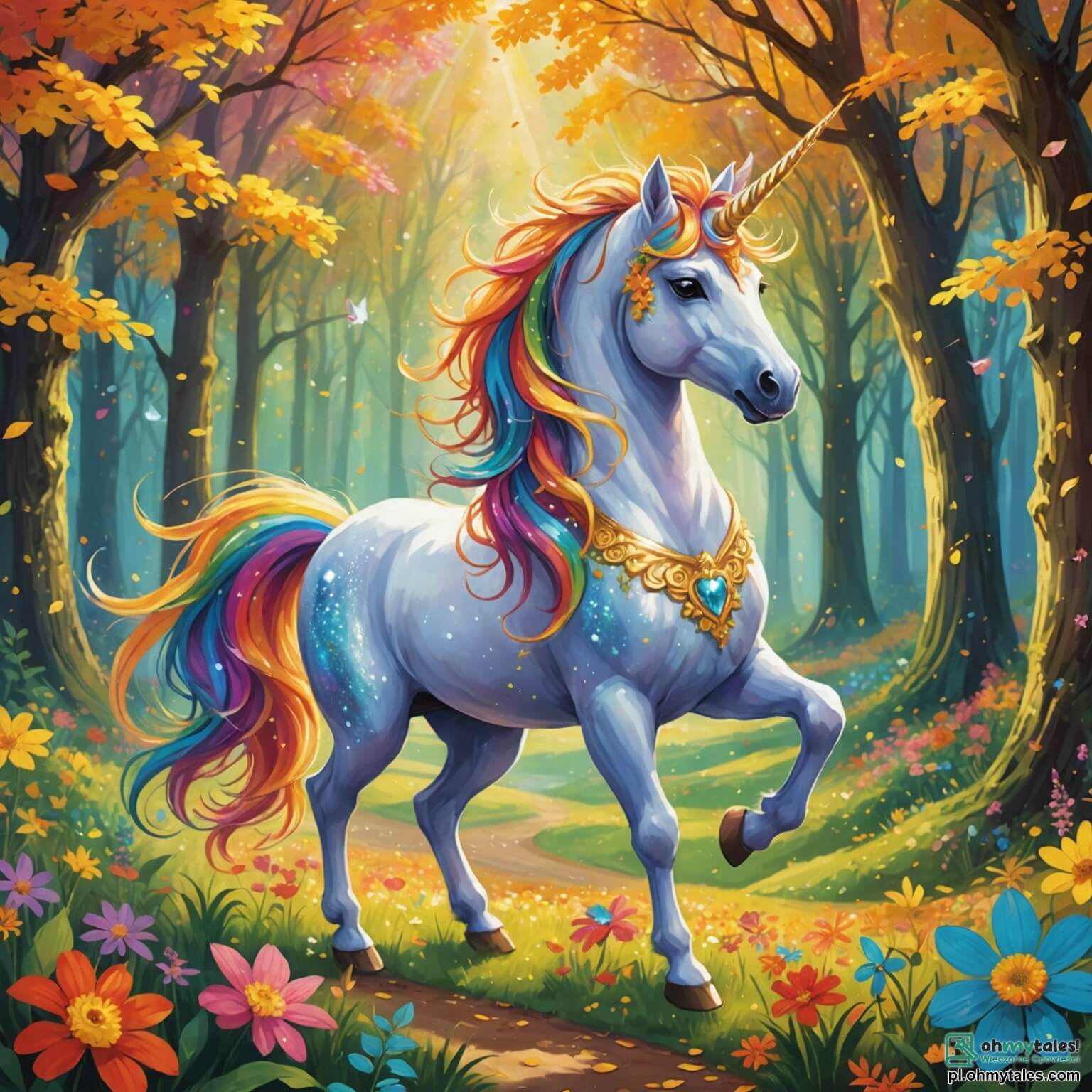 Une illustration destinée aux enfants représentant une licorne pétillante aux couleurs chatoyantes, avec un crin scintillant comme des arcs-en-ciel, se retrouvant dans une forêt enchantée pleine d'arbres aux feuilles dorées et de fleurs multicolores qui dansent au rythme du vent, tandis qu'un petit lapin espiègle, à la fourrure douce et aux grandes oreilles, l'observe avec curiosité, alors qu'ils préparent ensemble une fête magique pour tous leurs amis.