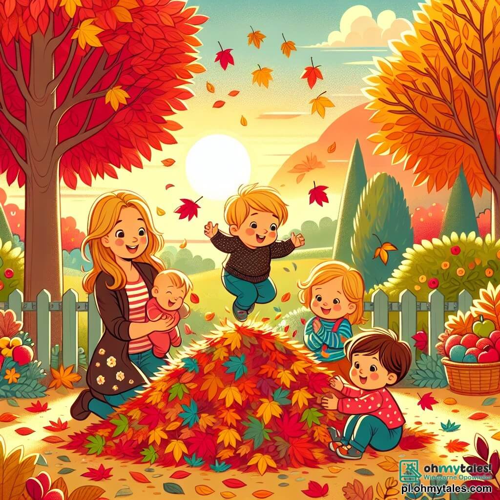 Une illustration sous forme de dessin destinée aux enfants représentant un jardin coloré en automne, avec des feuilles rouges, jaunes et oranges tombant des arbres, où un groupe de quatre enfants de 1 an, deux garçons aux cheveux blonds et deux filles aux cheveux bruns, s'amusent à sauter dans un grand tas de feuilles, tandis qu'une maman souriante les observe, tenant un petit panier rempli de pommes, le soleil couchant illuminant la scène d'une douce lumière dorée.