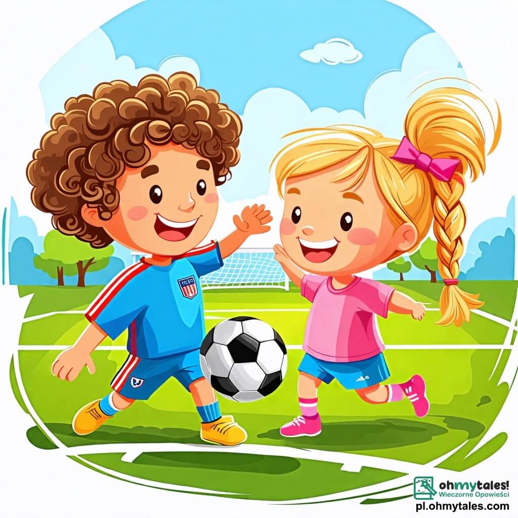 Une illustration sous forme de dessin destinée aux enfants représentant un terrain de football verdoyant ensoleillé, avec un homme aux cheveux bruns et bouclés, souriant et vêtu d'un maillot de football bleu, montrant à une petite fille aux cheveux blonds et tressés, portant un t-shirt rose, comment frapper un ballon de football, tandis qu'une grande bramkę en arrière-plan attend d'être défiée, capturant l'excitation et la joie de l'apprentissage du jeu.